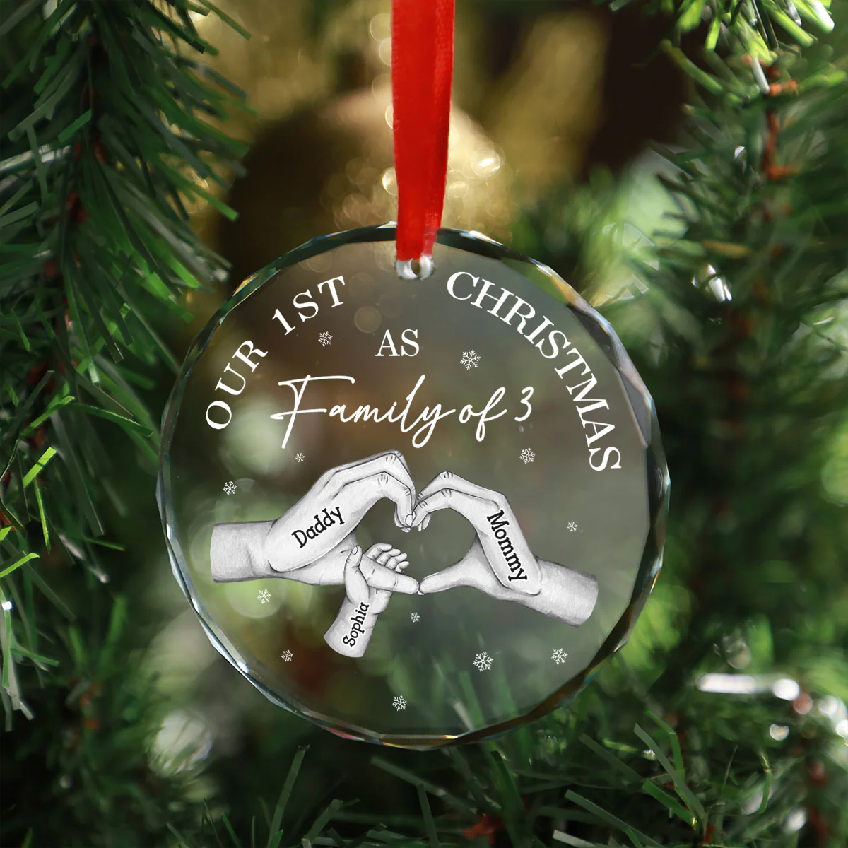 First Christmas As Family Of Three Family Heart Hands Personalized Glass Ornament - Image 3
