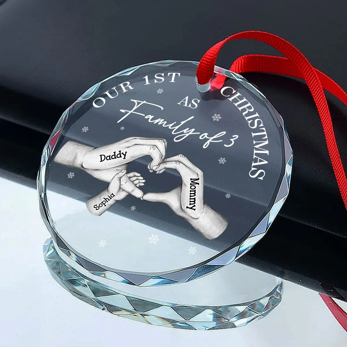 First Christmas As Family Of Three Family Heart Hands Personalized Glass Ornament - Image 4