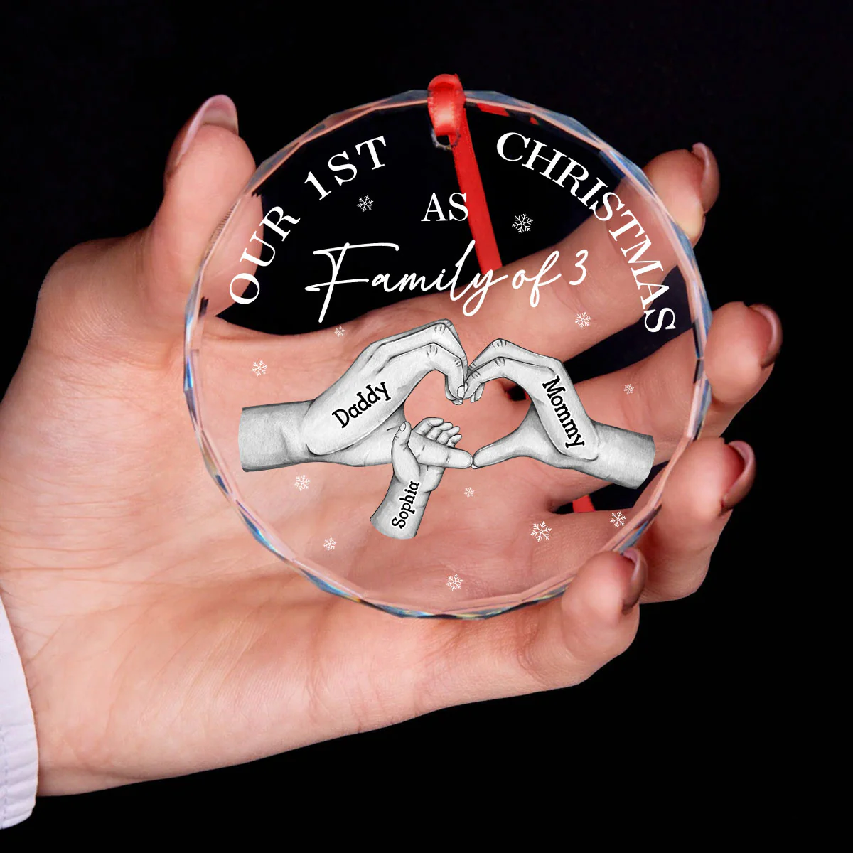First Christmas As Family Of Three Family Heart Hands Personalized Glass Ornament - Image 5