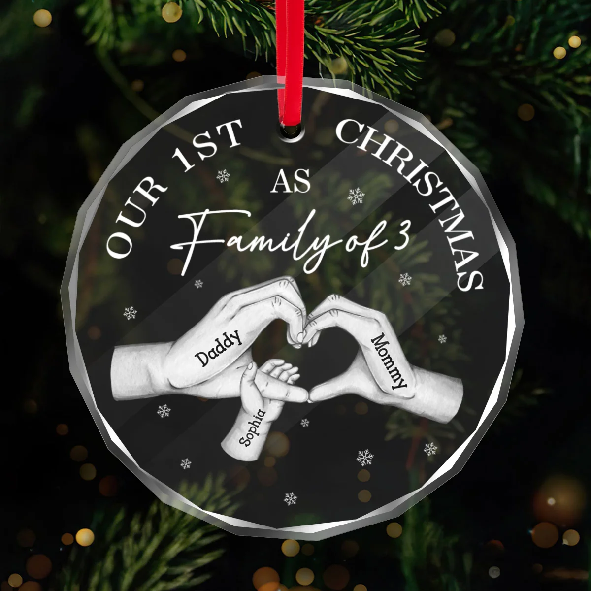 First Christmas As Family Of Three Family Heart Hands Personalized Glass Ornament - Image 8