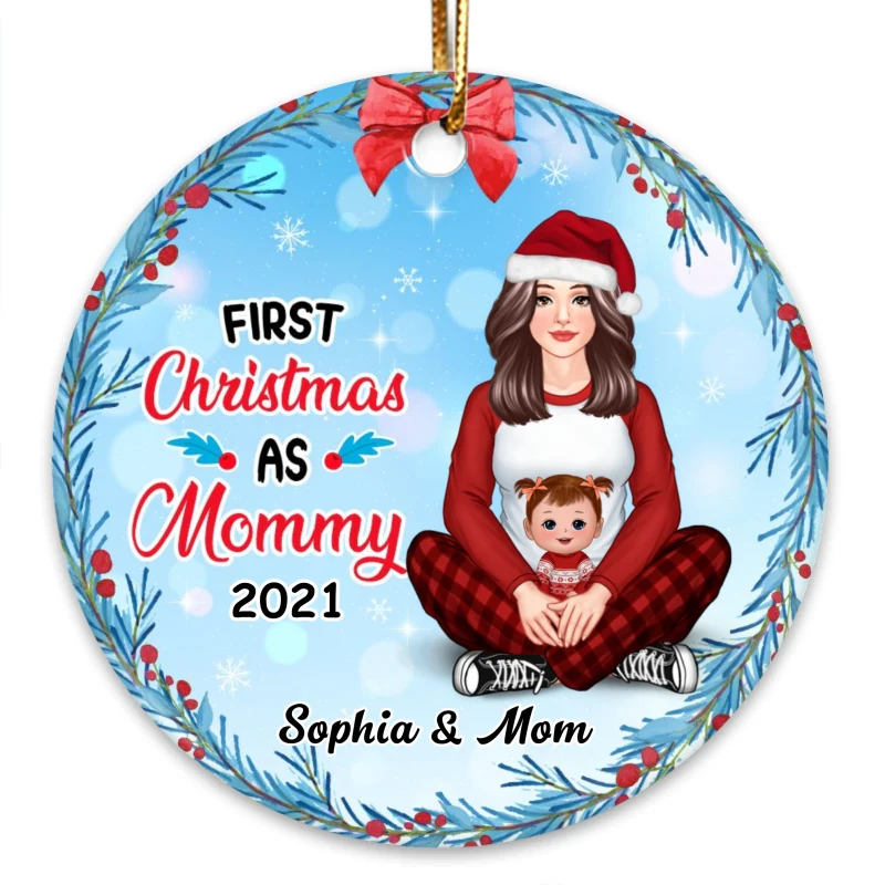 First Christmas As Mommy Pretty Personalized Circle Ornament - Image 3