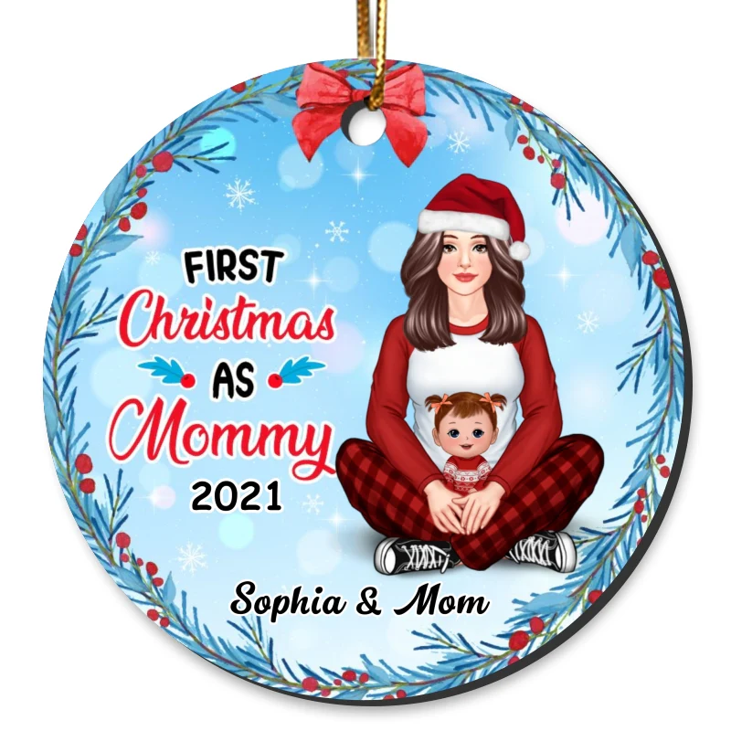 First Christmas As Mommy Pretty Personalized Circle Ornament - Image 4
