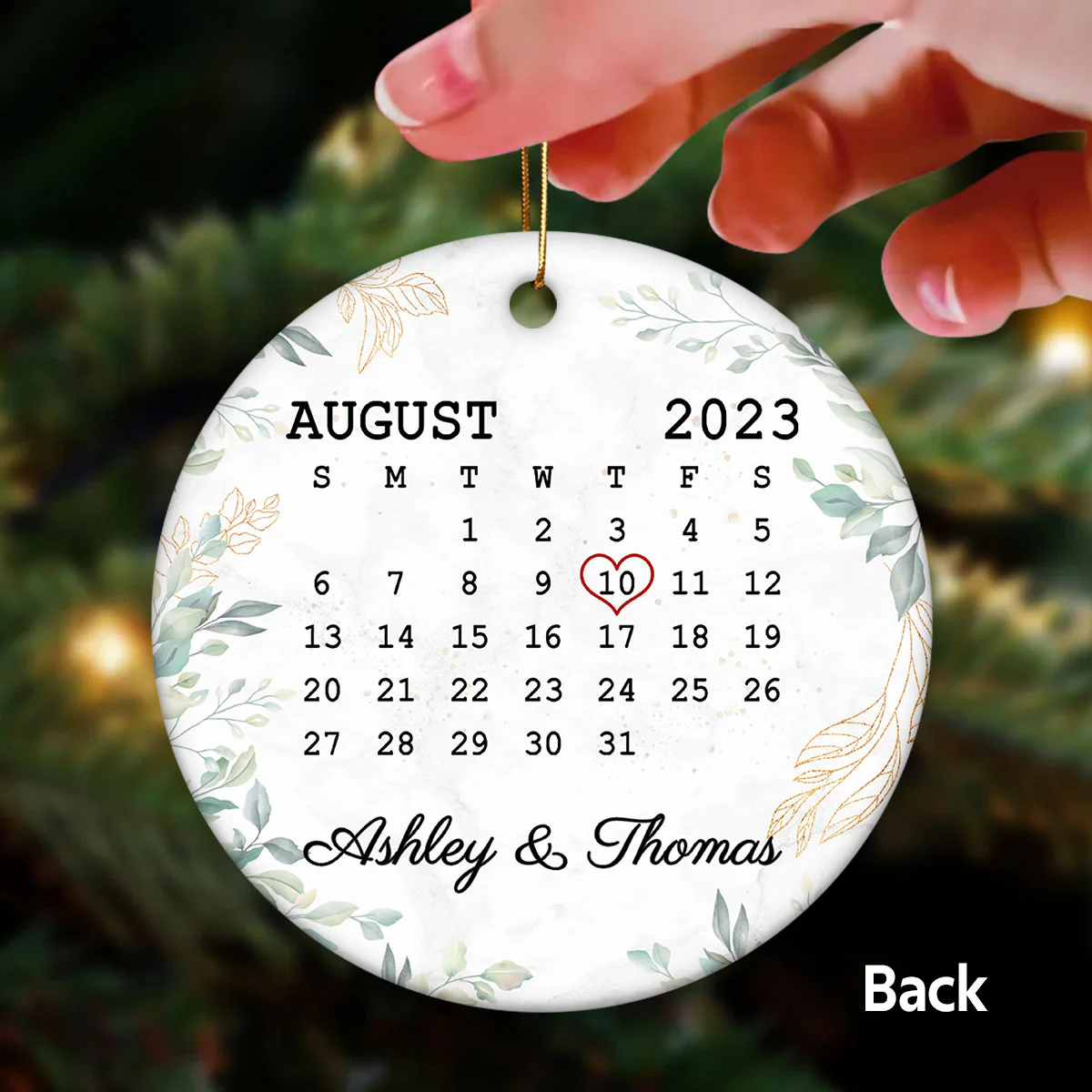 First Christmas Couple Green Leaves Wedding Engaged Anniversary Date Calendar Personalized Double Sided Circle Ornament - Image 3