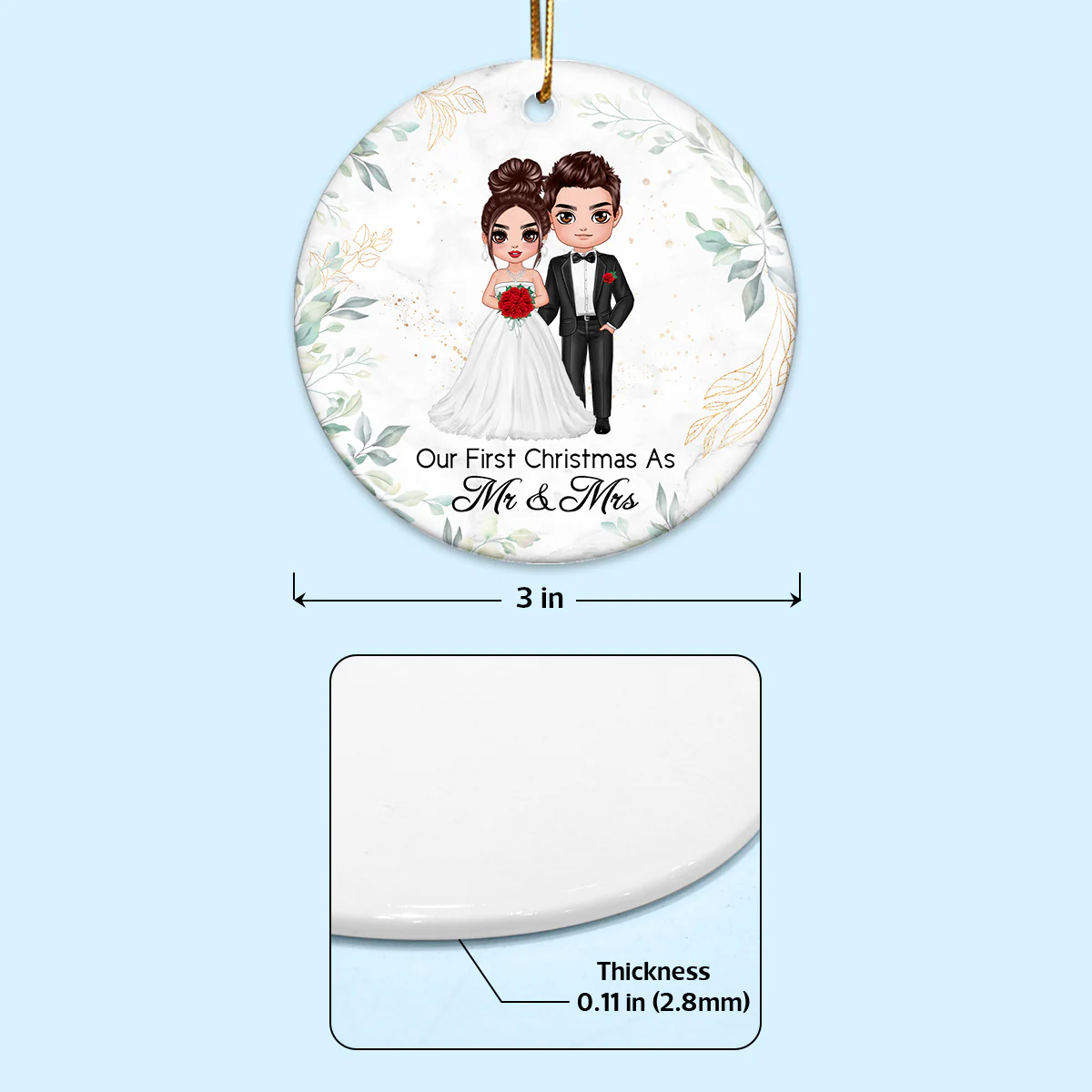 First Christmas Couple Green Leaves Wedding Engaged Anniversary Date Calendar Personalized Double Sided Circle Ornament - Image 4