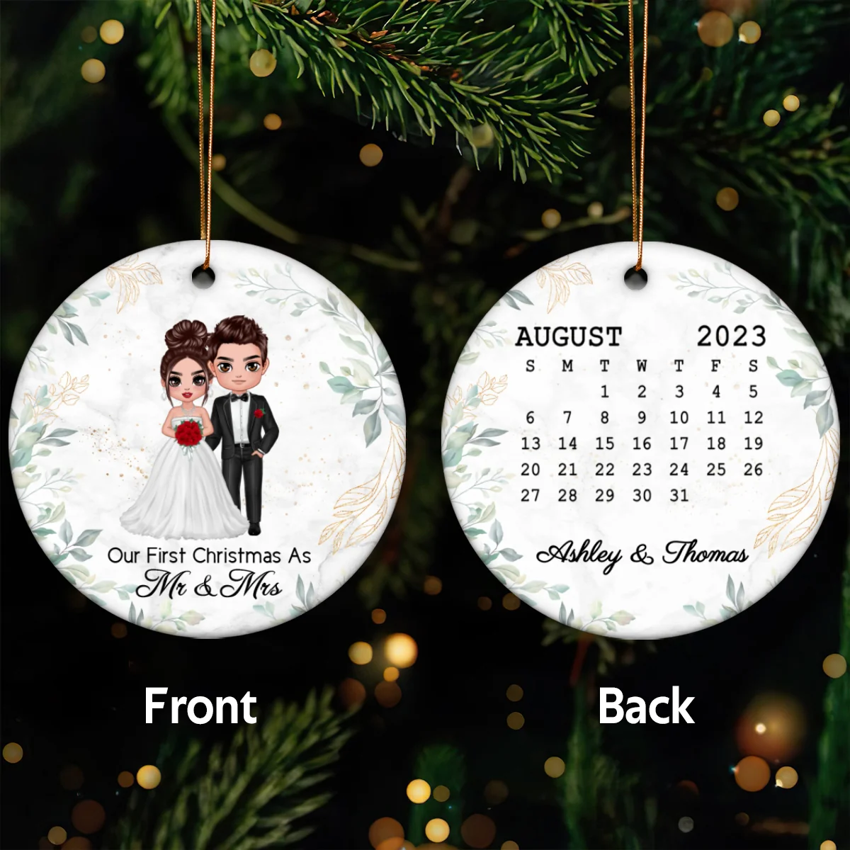 First Christmas Couple Green Leaves Wedding Engaged Anniversary Date Calendar Personalized Double Sided Circle Ornament - Image 5