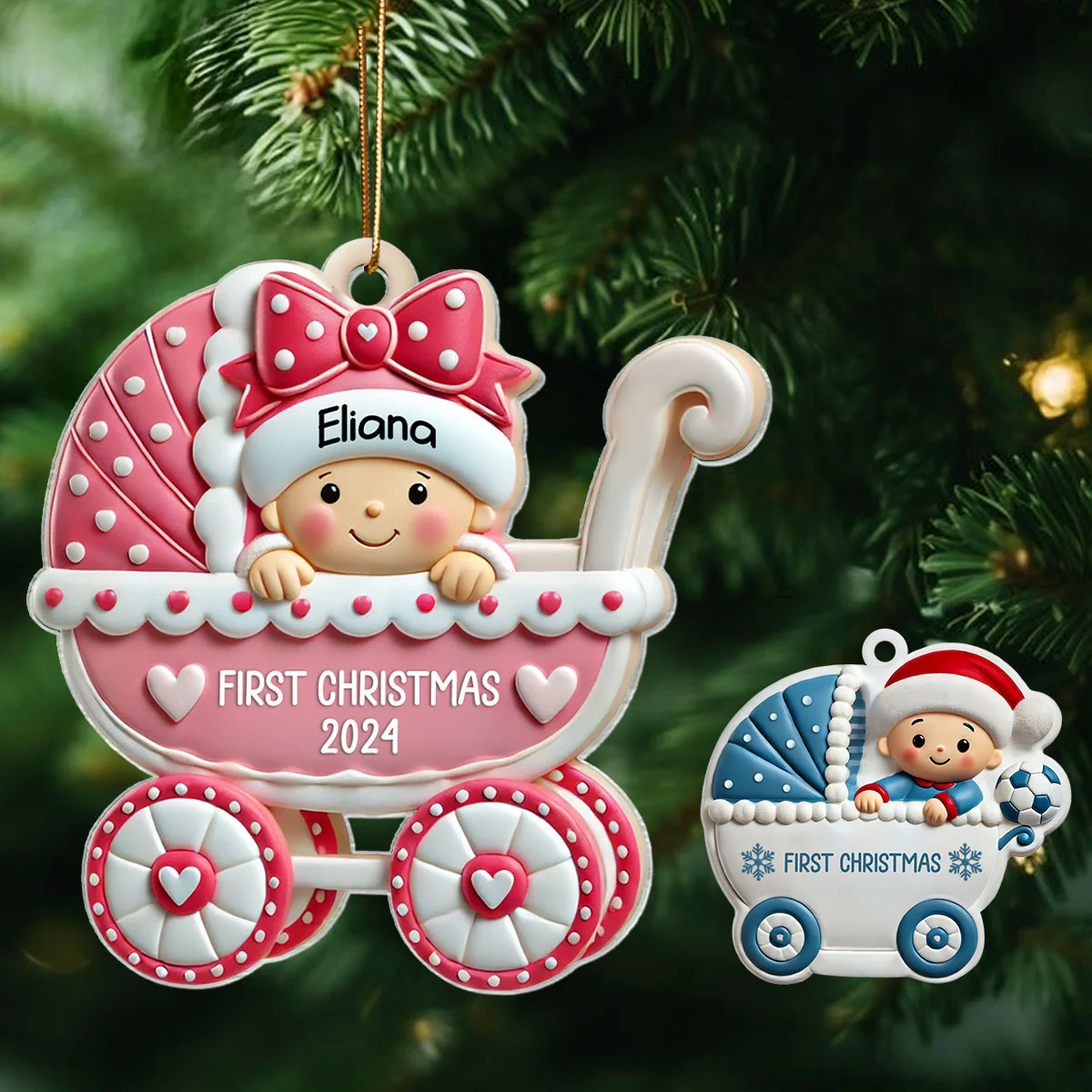 First Christmas Cute Baby On Carriage Personalized Acrylic Ornament, Gift for New Mom New Dad, Baby Newborn Gift