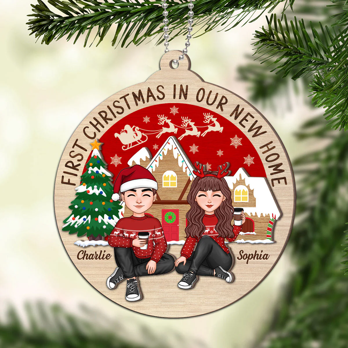 First Christmas In Our New Home Couple Sitting Personalized 2-Layer Wooden Ornament