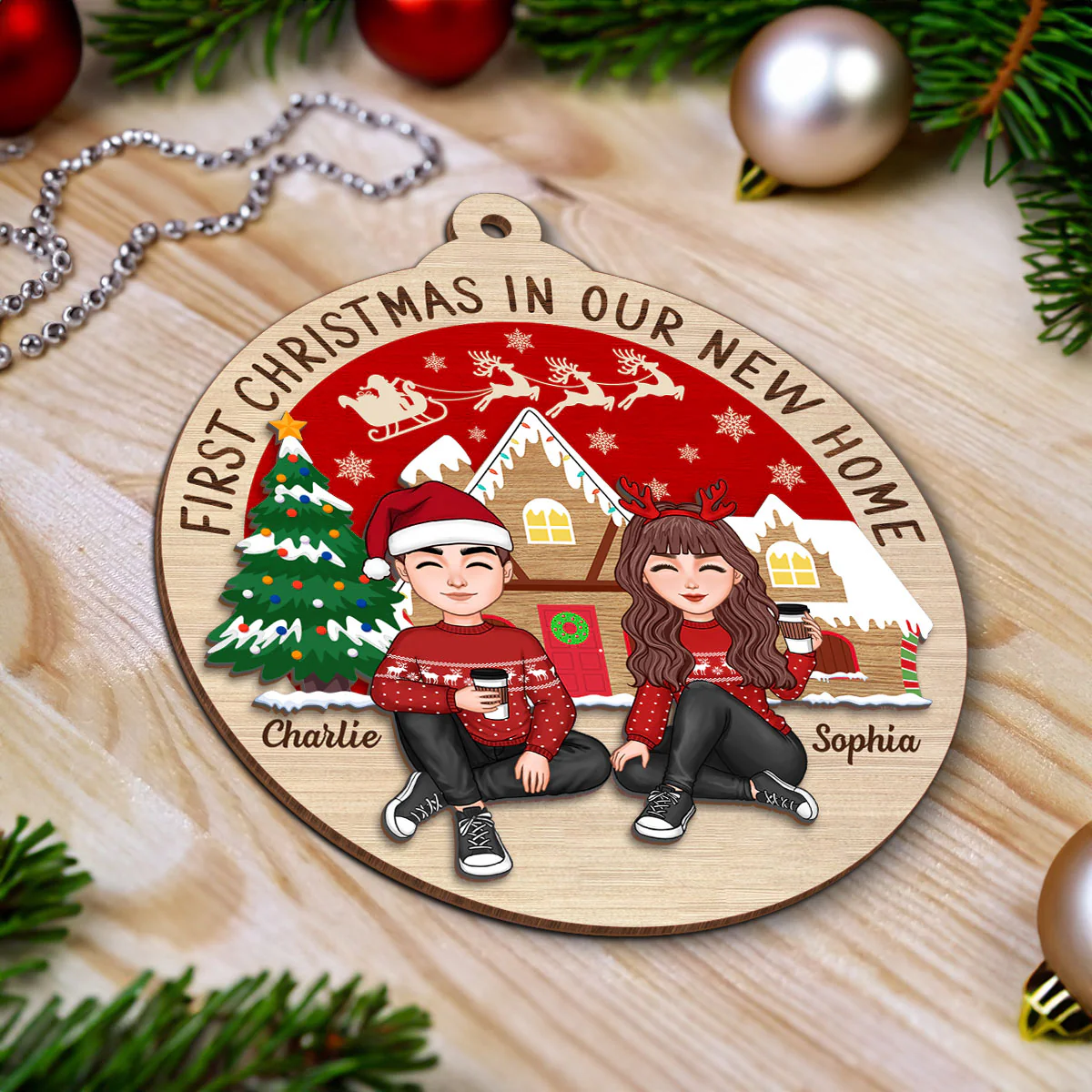 First Christmas In Our New Home Couple Sitting Personalized 2-Layer Wooden Ornament - Image 4