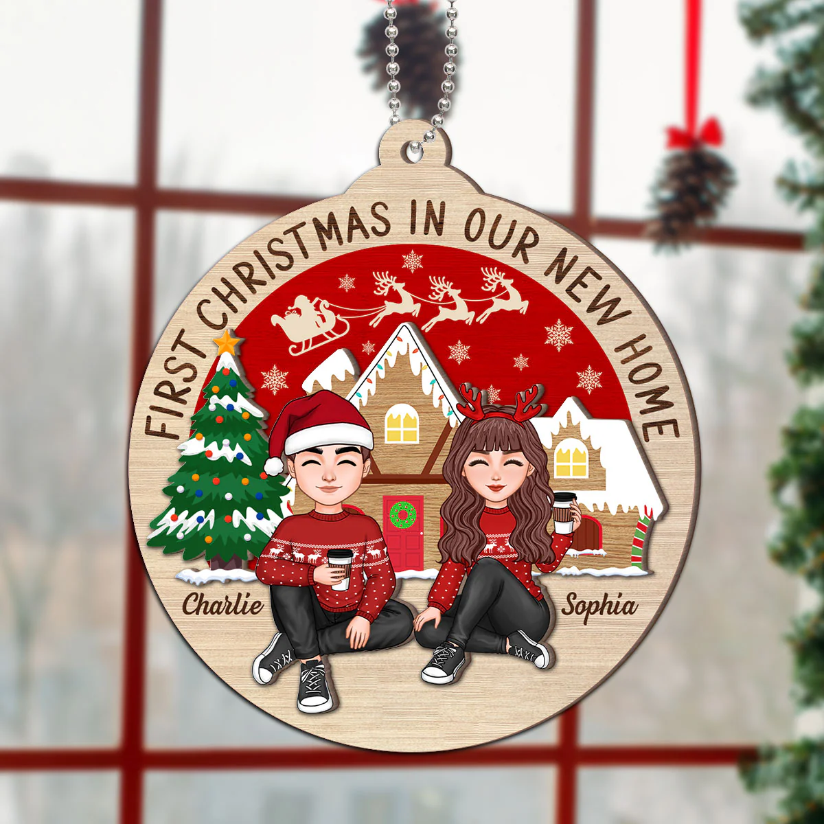 First Christmas In Our New Home Couple Sitting Personalized 2-Layer Wooden Ornament - Image 5