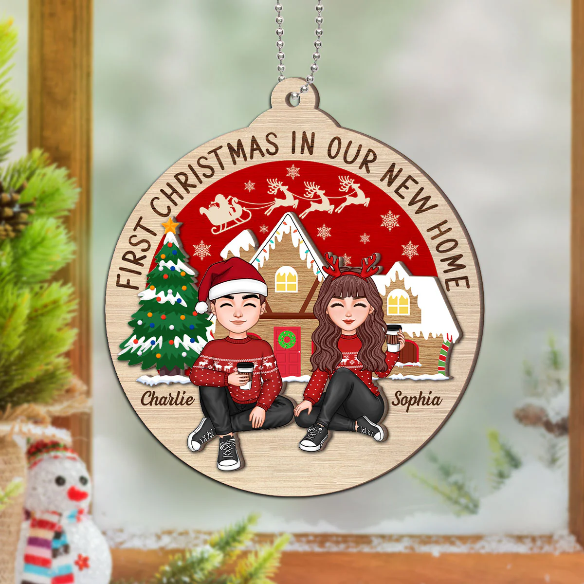 First Christmas In Our New Home Couple Sitting Personalized 2-Layer Wooden Ornament - Image 8