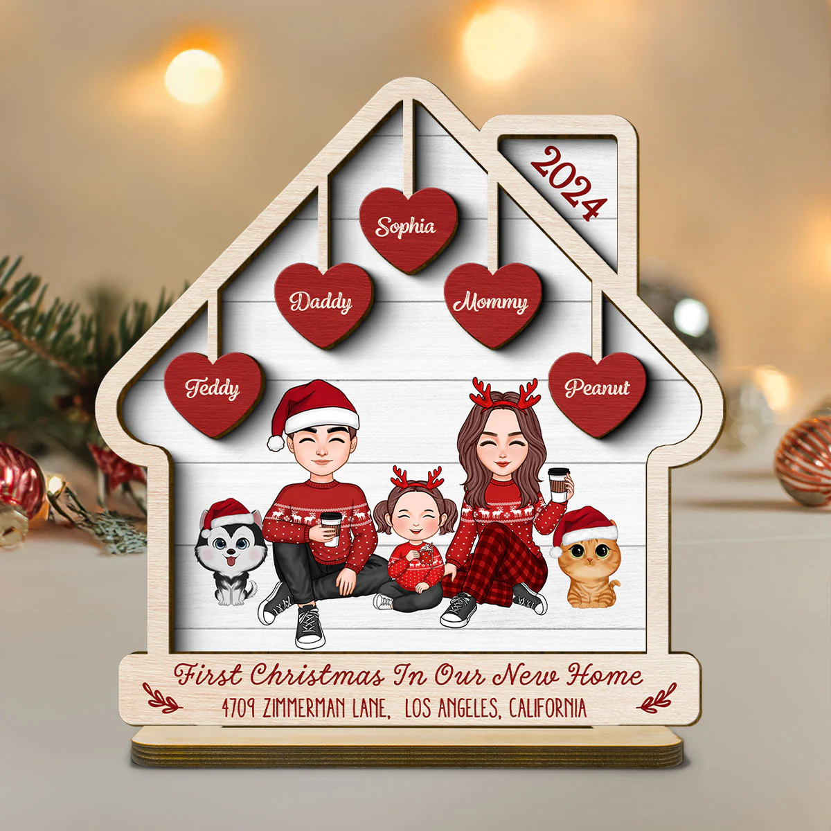 First Christmas In Our New Home Personalized 2 Layer Standing Wooden Plaque, Christmas Housewarming Gift - Image 2