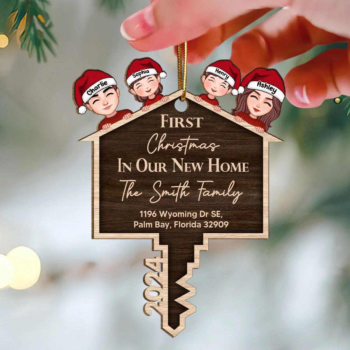 First Christmas In Our New Home Personalized Wooden Ornament, House Key Ornament For Christmas - Image 3