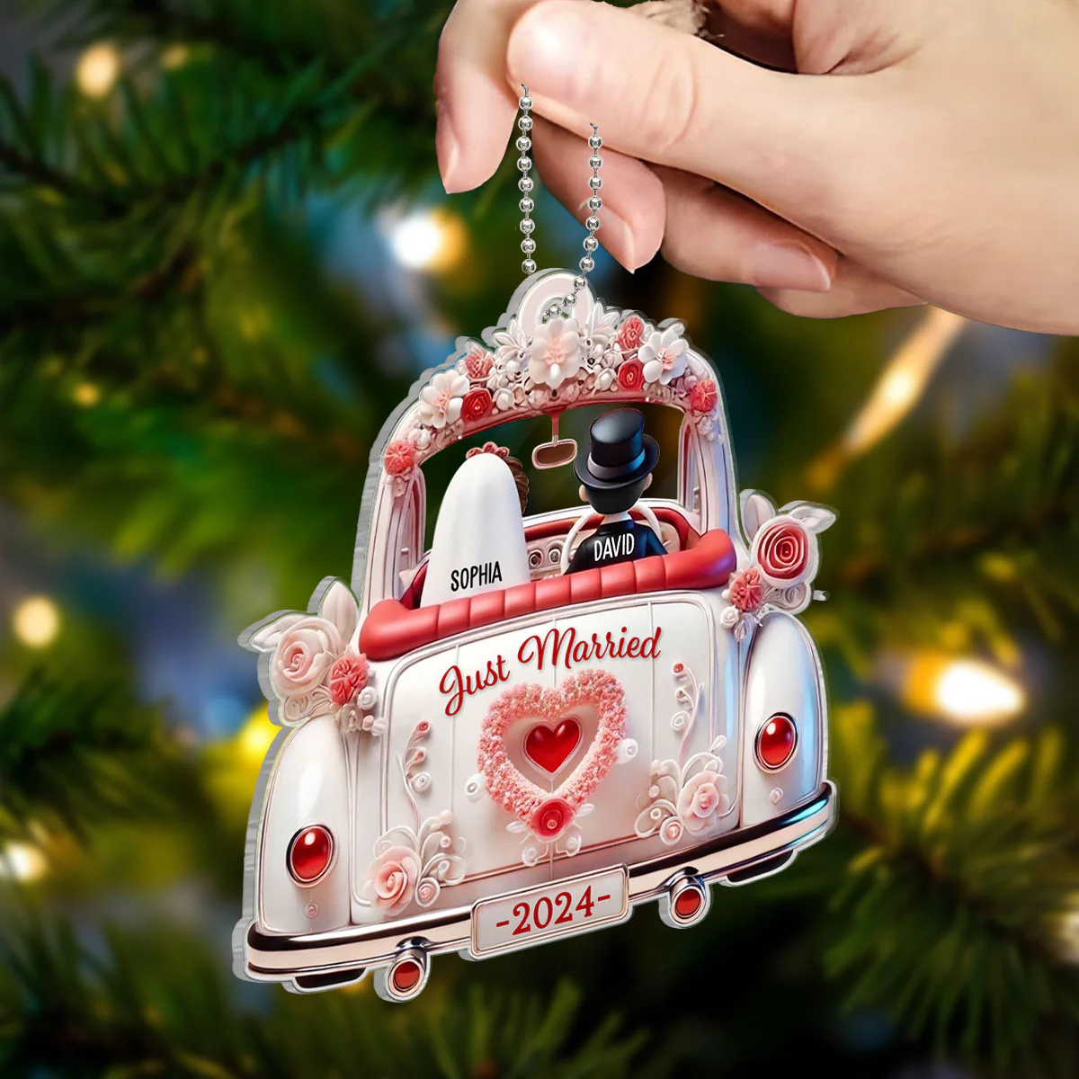 First Christmas Married Couple In Wedding Car Personalized Acrylic Ornament, Unique Christmas Gift For Newlyweds - Image 3