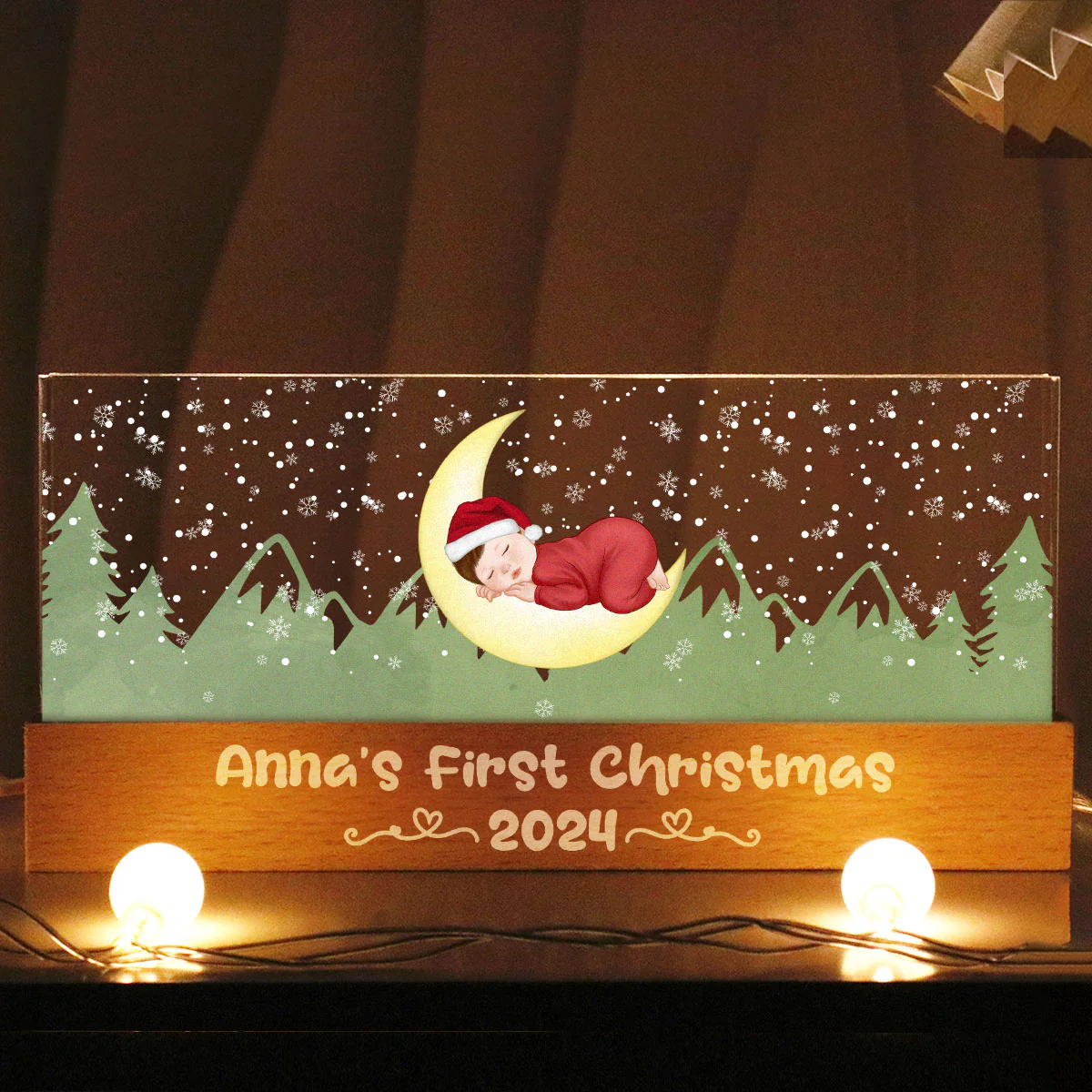 First Christmas Newborn Baby Sleeping On Moon Personalized LED Night Light