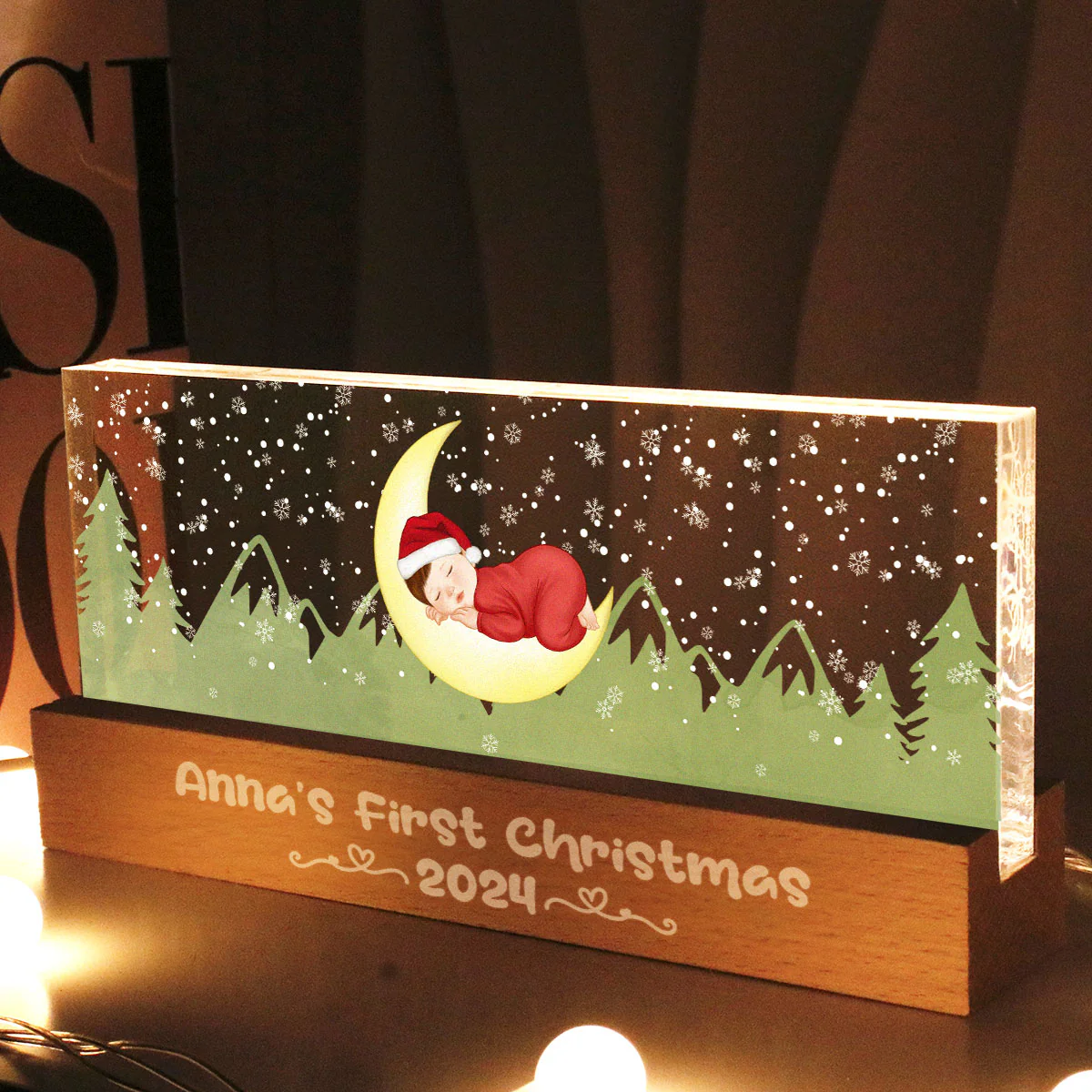 First Christmas Newborn Baby Sleeping On Moon Personalized LED Night Light - Image 2