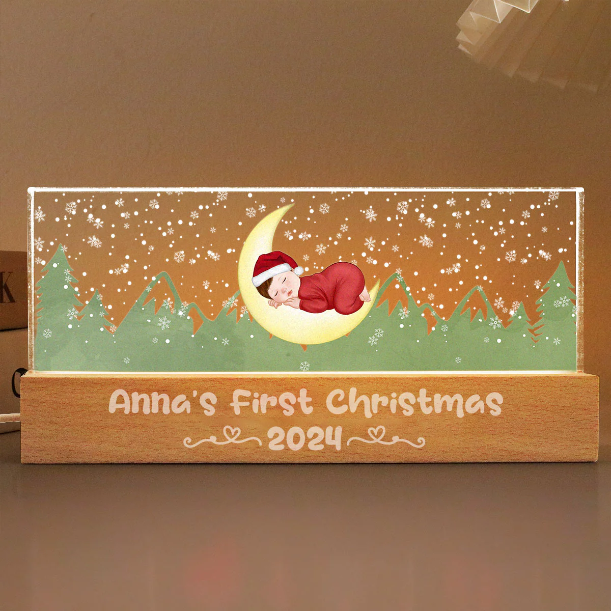 First Christmas Newborn Baby Sleeping On Moon Personalized LED Night Light - Image 3