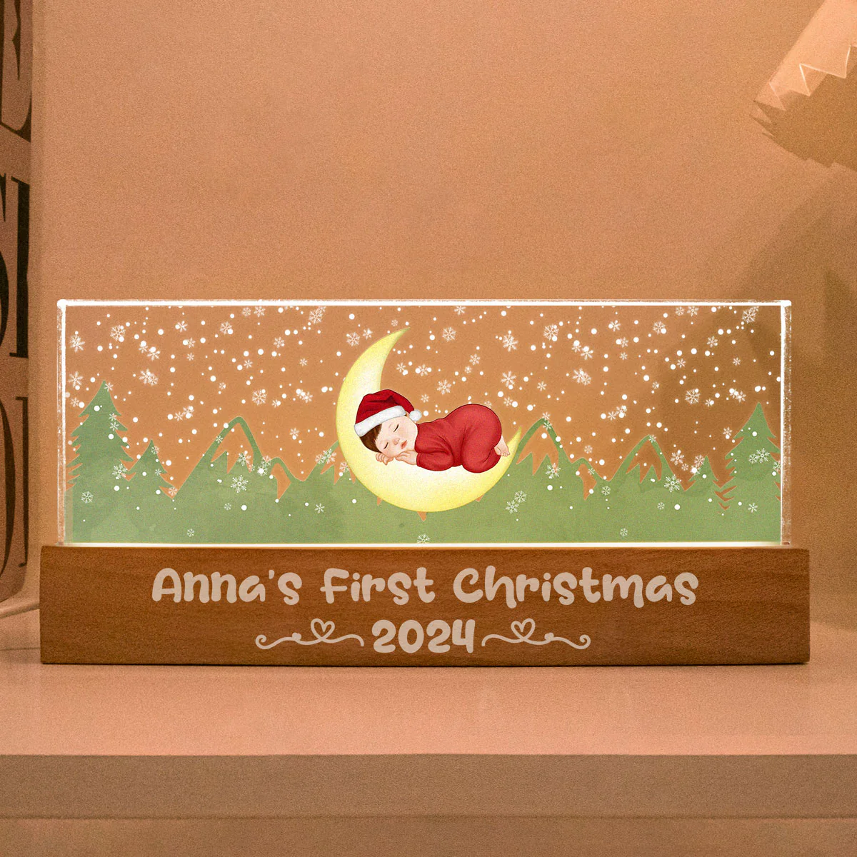 First Christmas Newborn Baby Sleeping On Moon Personalized LED Night Light - Image 4