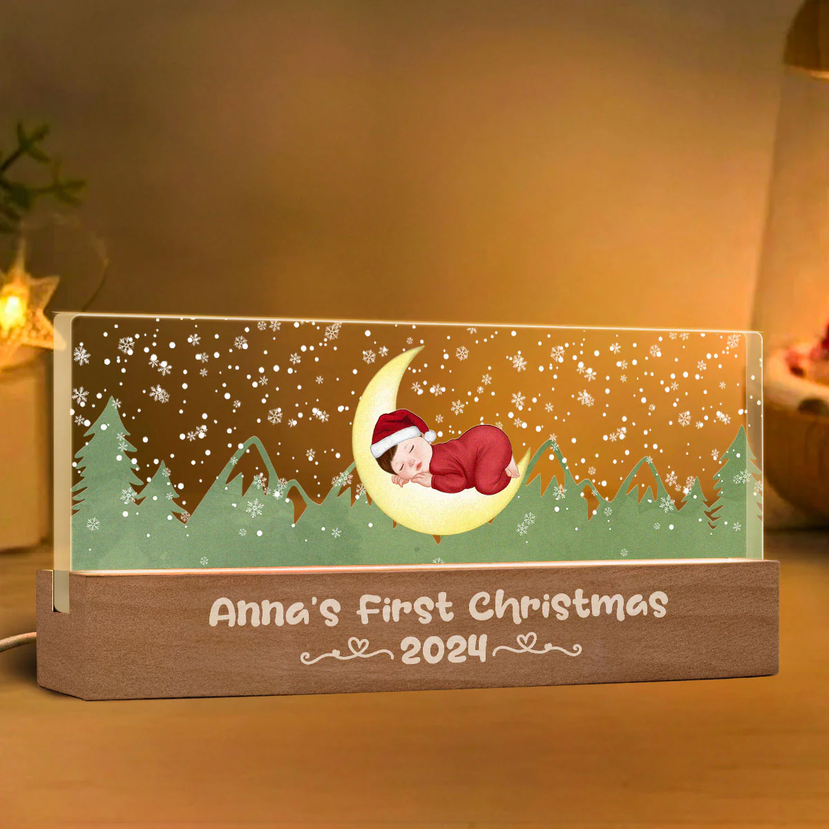 First Christmas Newborn Baby Sleeping On Moon Personalized LED Night Light - Image 5