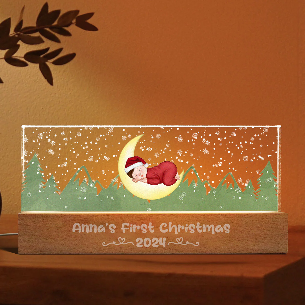 First Christmas Newborn Baby Sleeping On Moon Personalized LED Night Light - Image 6