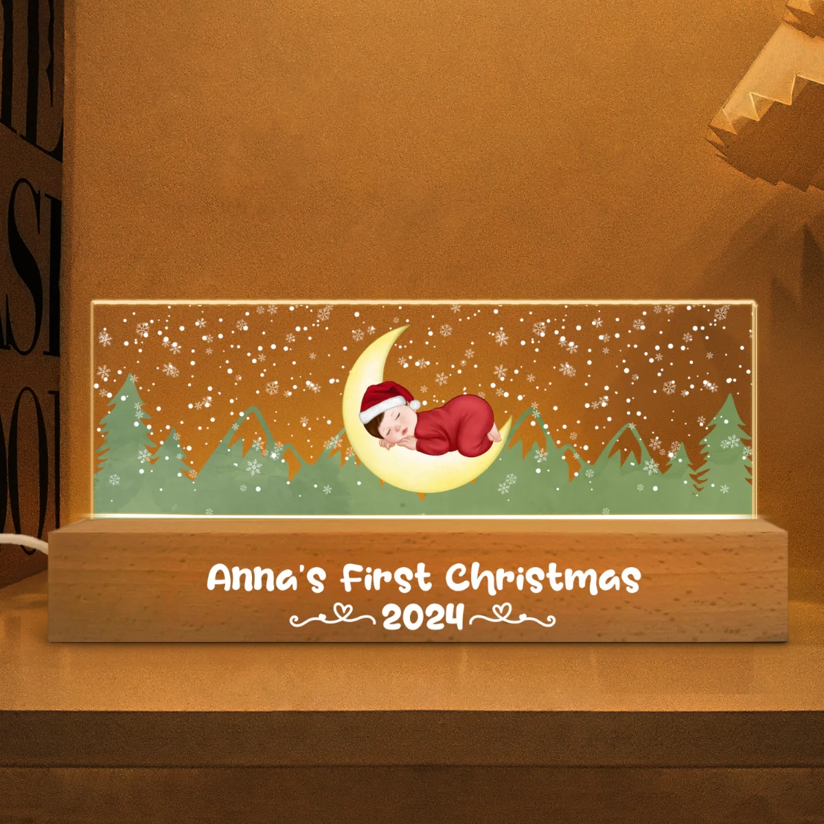 First Christmas Newborn Baby Sleeping On Moon Personalized LED Night Light - Image 7