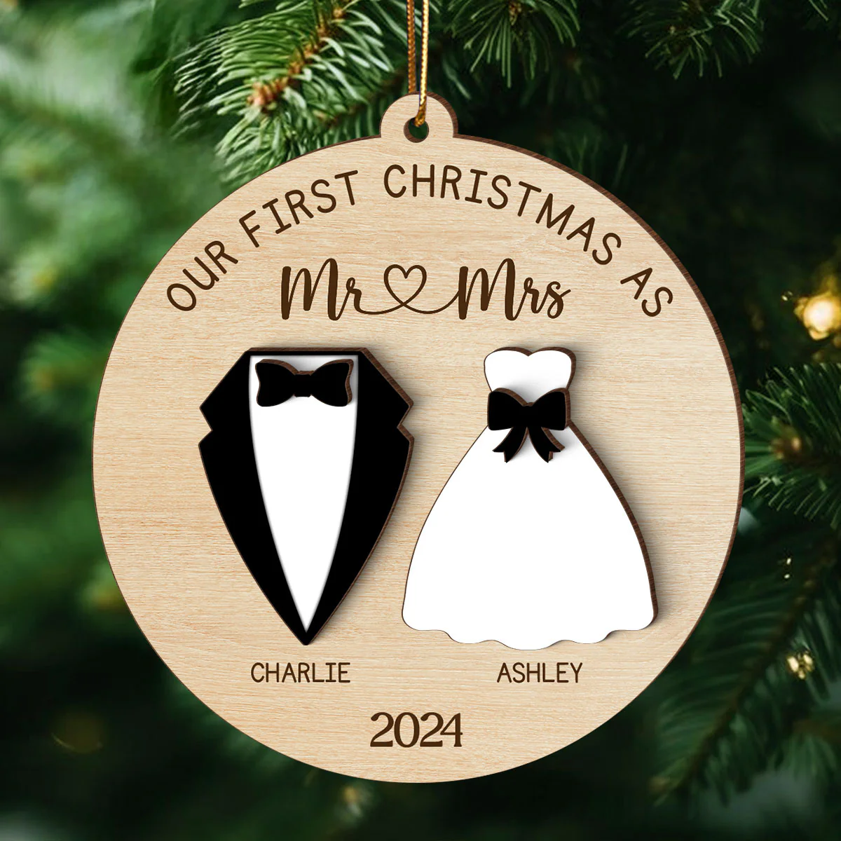 First Christmas Wedding Mr Mrs Personalized 3-Layer Wooden Ornament, Newlywed Gift Christmas Gift
