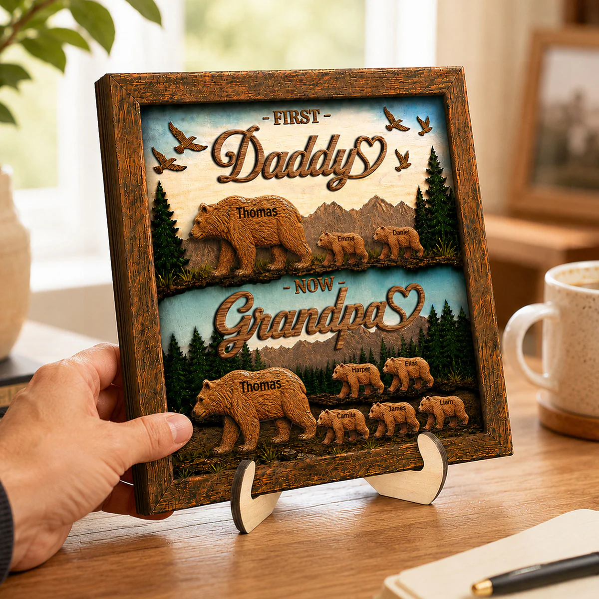 First Dad Now Grandpa Bear with Kids Name - Personalized 2-Layered Wooden Plaque - Image 2