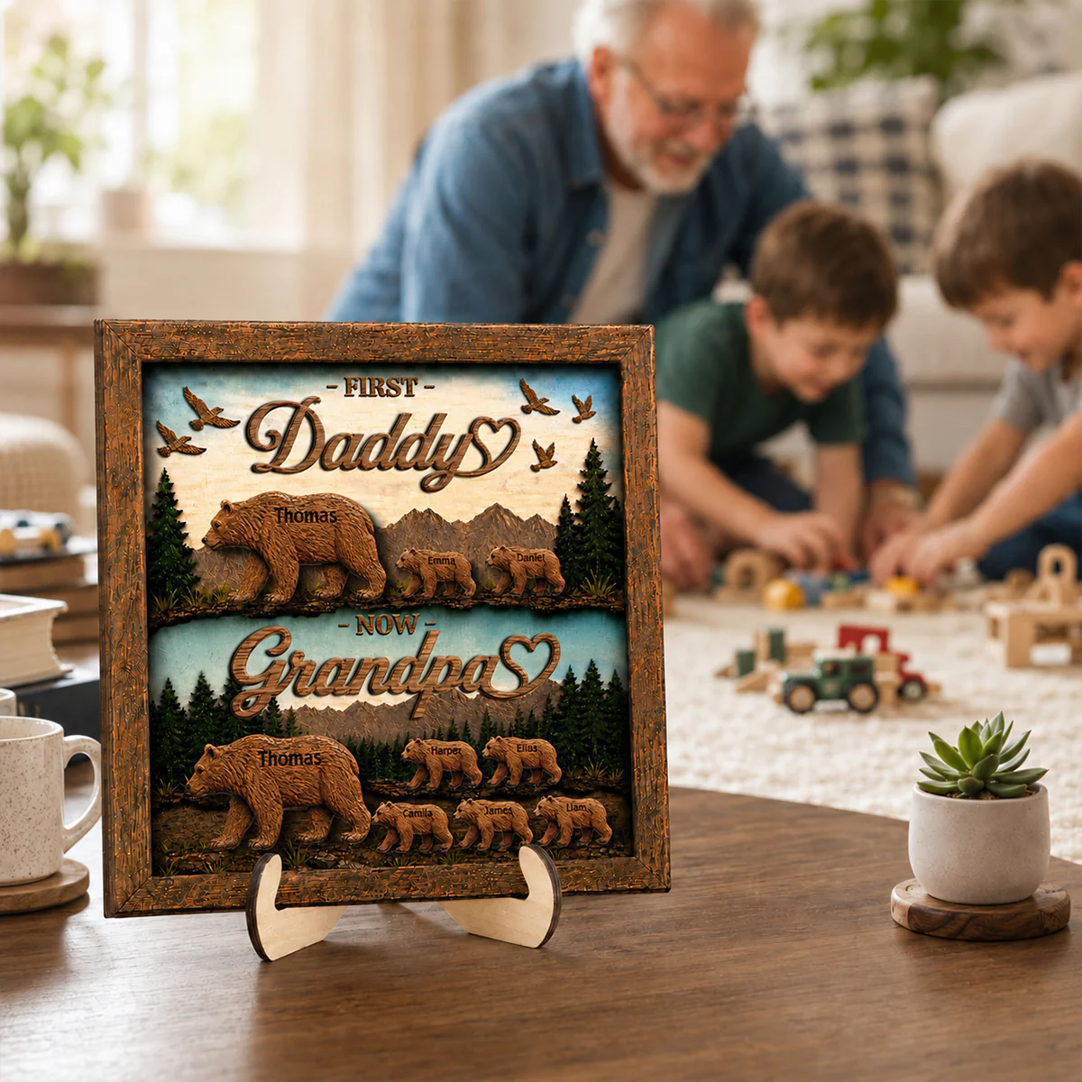 First Dad Now Grandpa Bear with Kids Name - Personalized 2-Layered Wooden Plaque - Image 4
