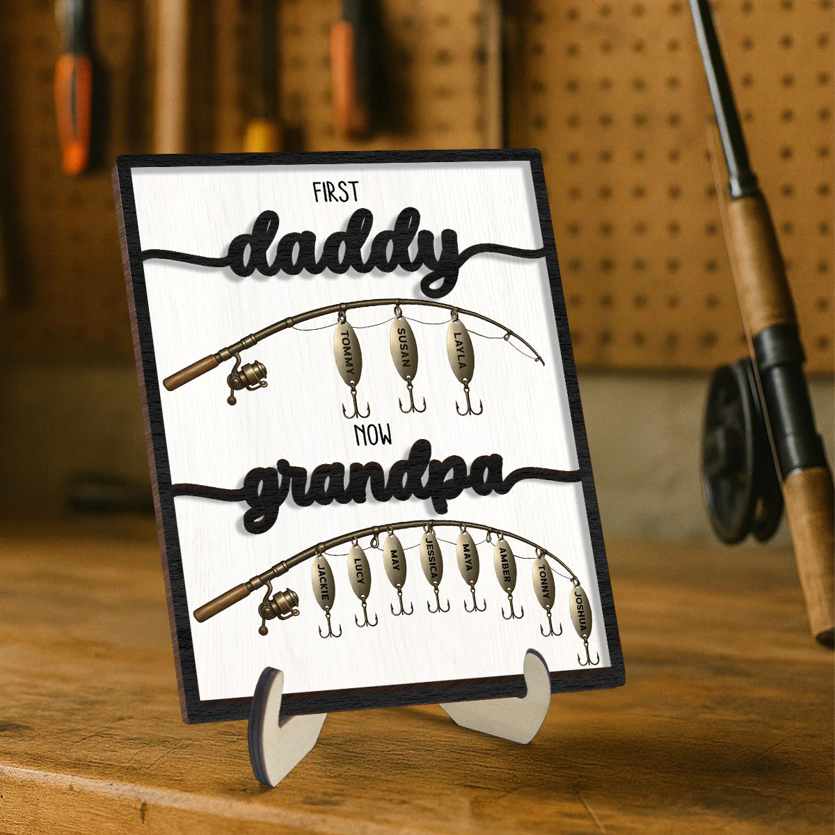 First Dad Now Grandpa Fishing Lures With Kids' Names Personalized 2-Layered Wooden Plaque,  Gift For Husband, For Dad, For Grandpa - Image 5