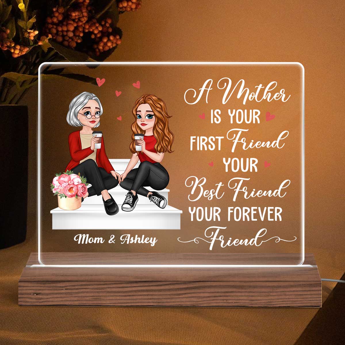 First Friend Best Friend Forever Friend Cartoon Mother Daughters Sitting On Stair Personalized Custom Shape LED Night Light - Image 2