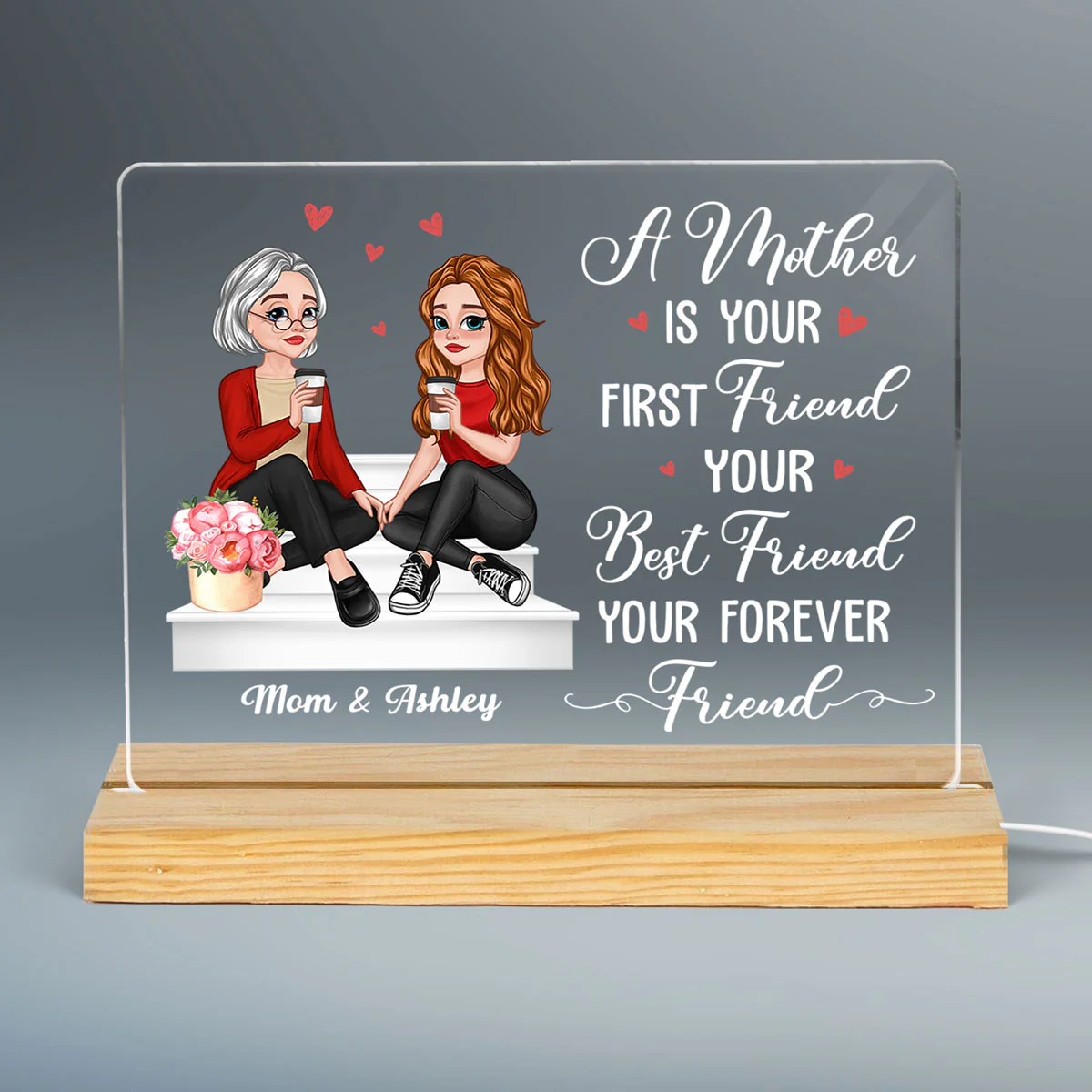 First Friend Best Friend Forever Friend Cartoon Mother Daughters Sitting On Stair Personalized Custom Shape LED Night Light - Image 3