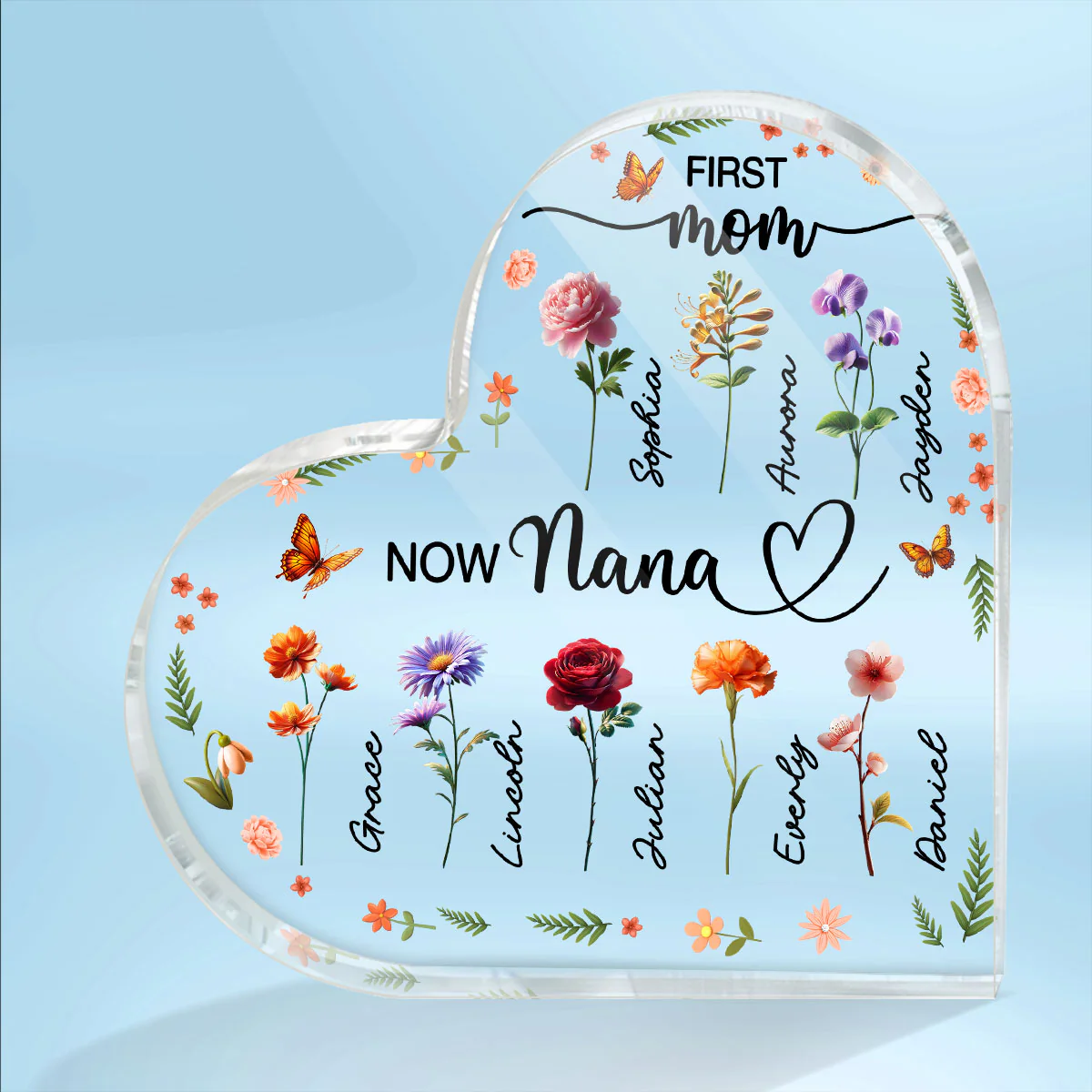First Mom Now Grandma Beautiful 3D Effect Birth Month Flowers Personalized Heart Shape Acrylic Block Plaque - Image 2