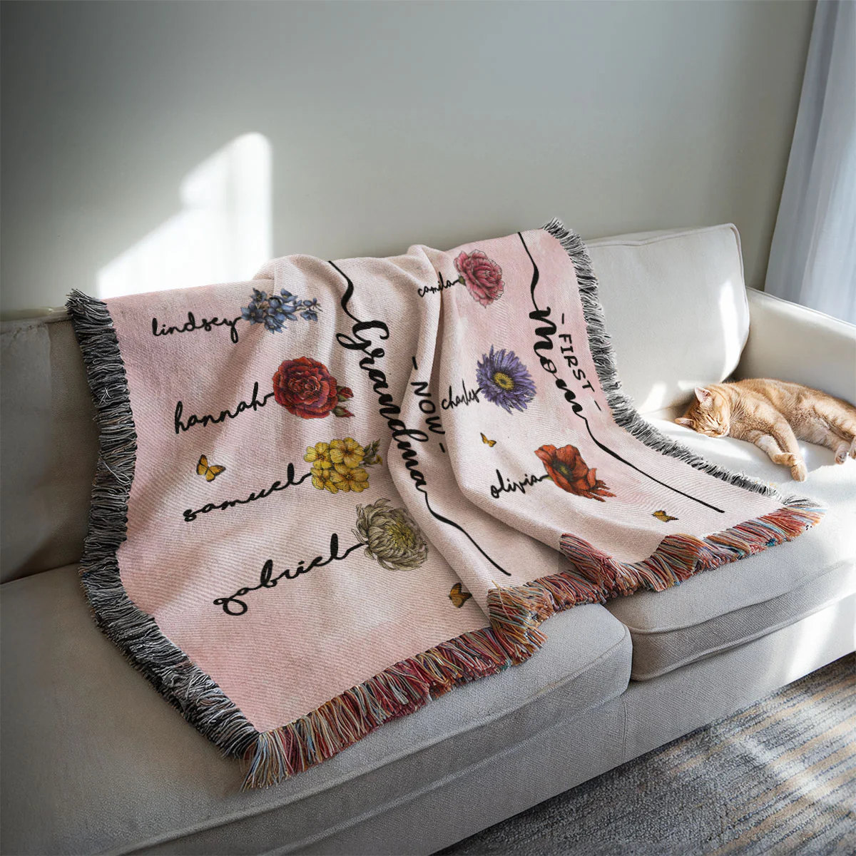 First Mom Now Grandma Birth Flower Personalized Tapestry Woven Blanket, Heartfelt Gift For Grandma - Image 3