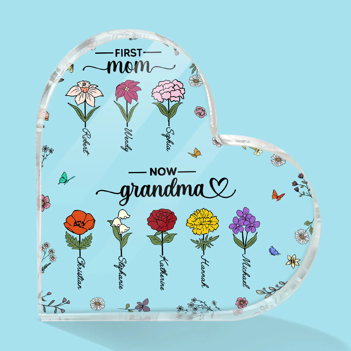 First Mom Now Grandma Birth Month Flower Personalized Acrylic Heart Plaque - Image 2
