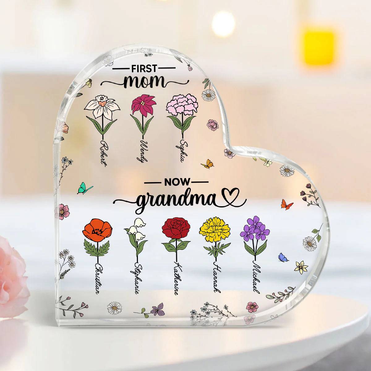 First Mom Now Grandma Birth Month Flower Personalized Acrylic Heart Plaque - Image 3