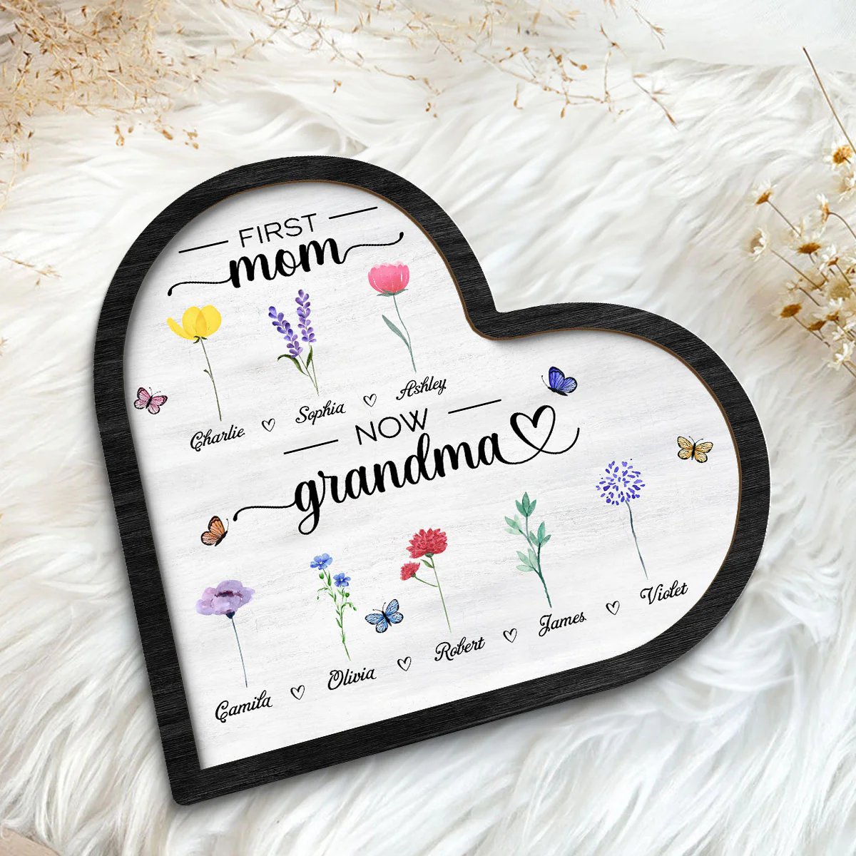 First Mom Now Grandma Birth Month Flowers Heart Shaped Personalized 2-Layer Wooden Plaque - Image 5