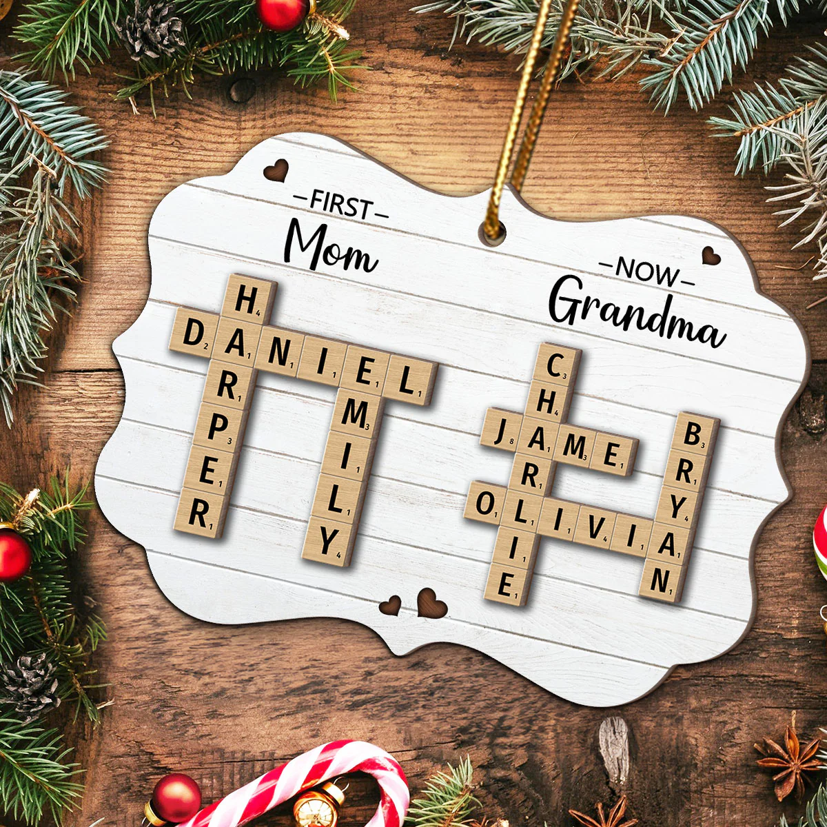 First Mom Now Grandma Crossword Puzzle Art Personalized 2-Layer Wooden Ornament, Christmas Gift For Grandma, Gift For Mom - Image 4