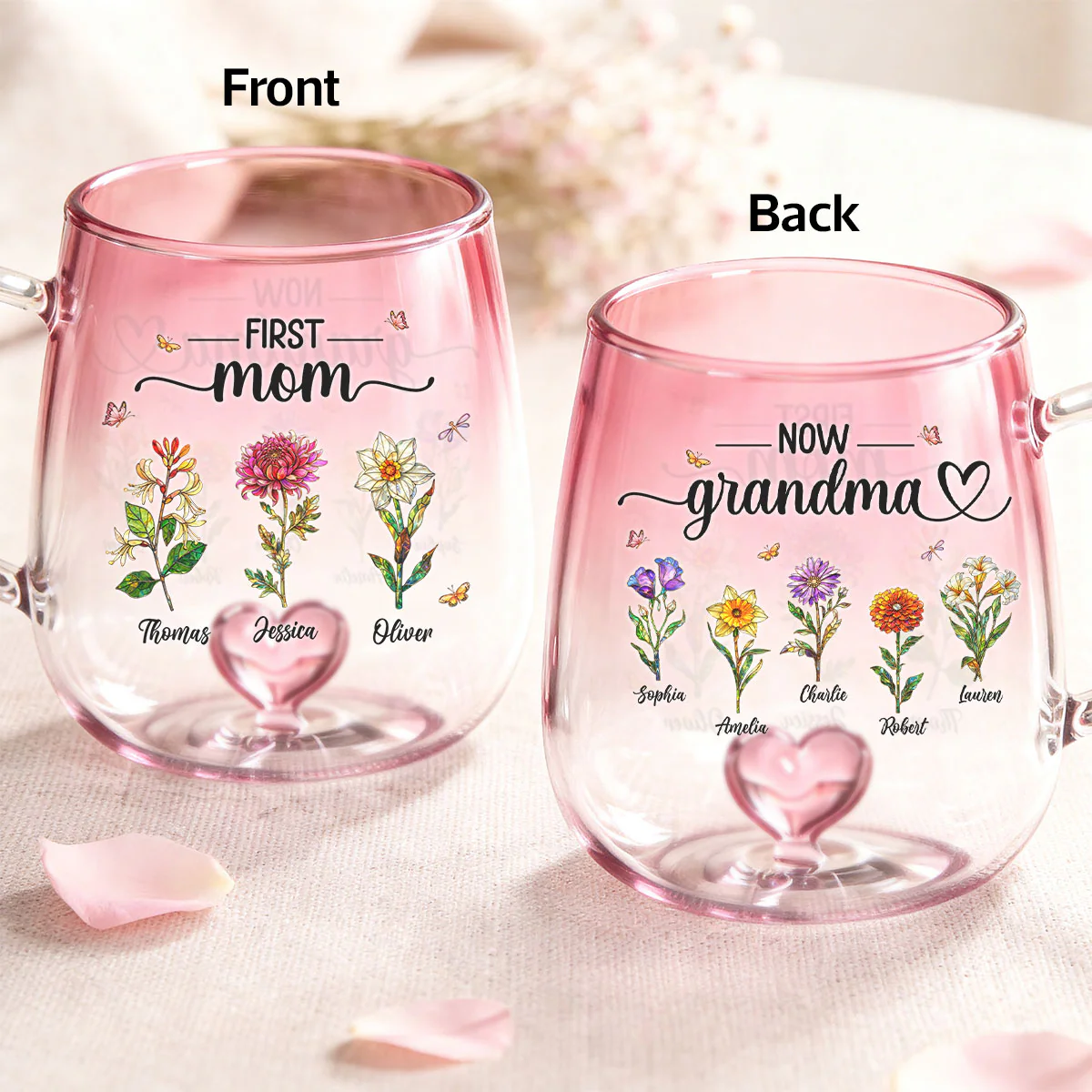 First Mom Now Grandma Custom Birth Flowers - Personalized Glass Mug - Mother's Day Gift for Mom, Grandma - Image 2