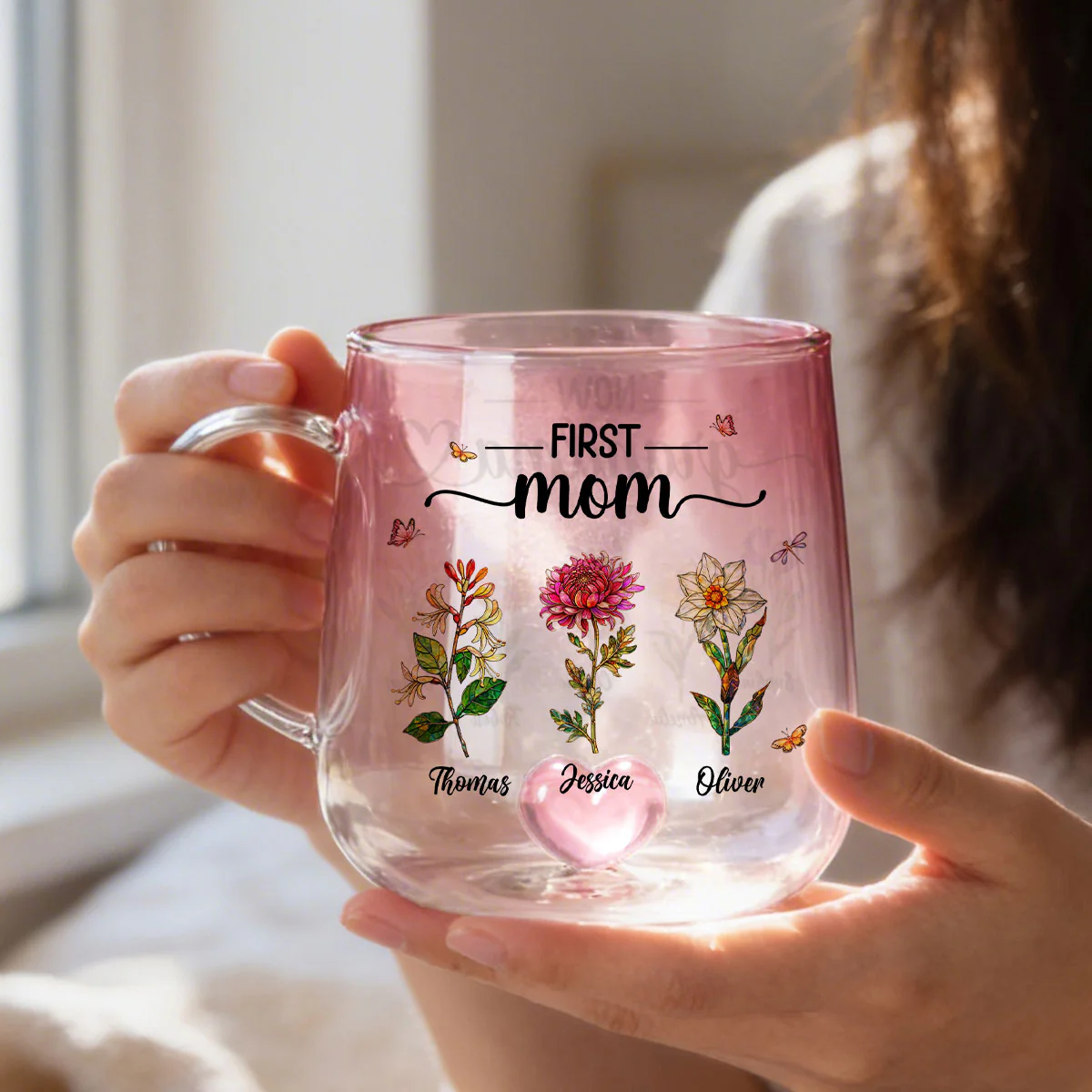 First Mom Now Grandma Custom Birth Flowers - Personalized Glass Mug - Mother's Day Gift for Mom, Grandma - Image 3