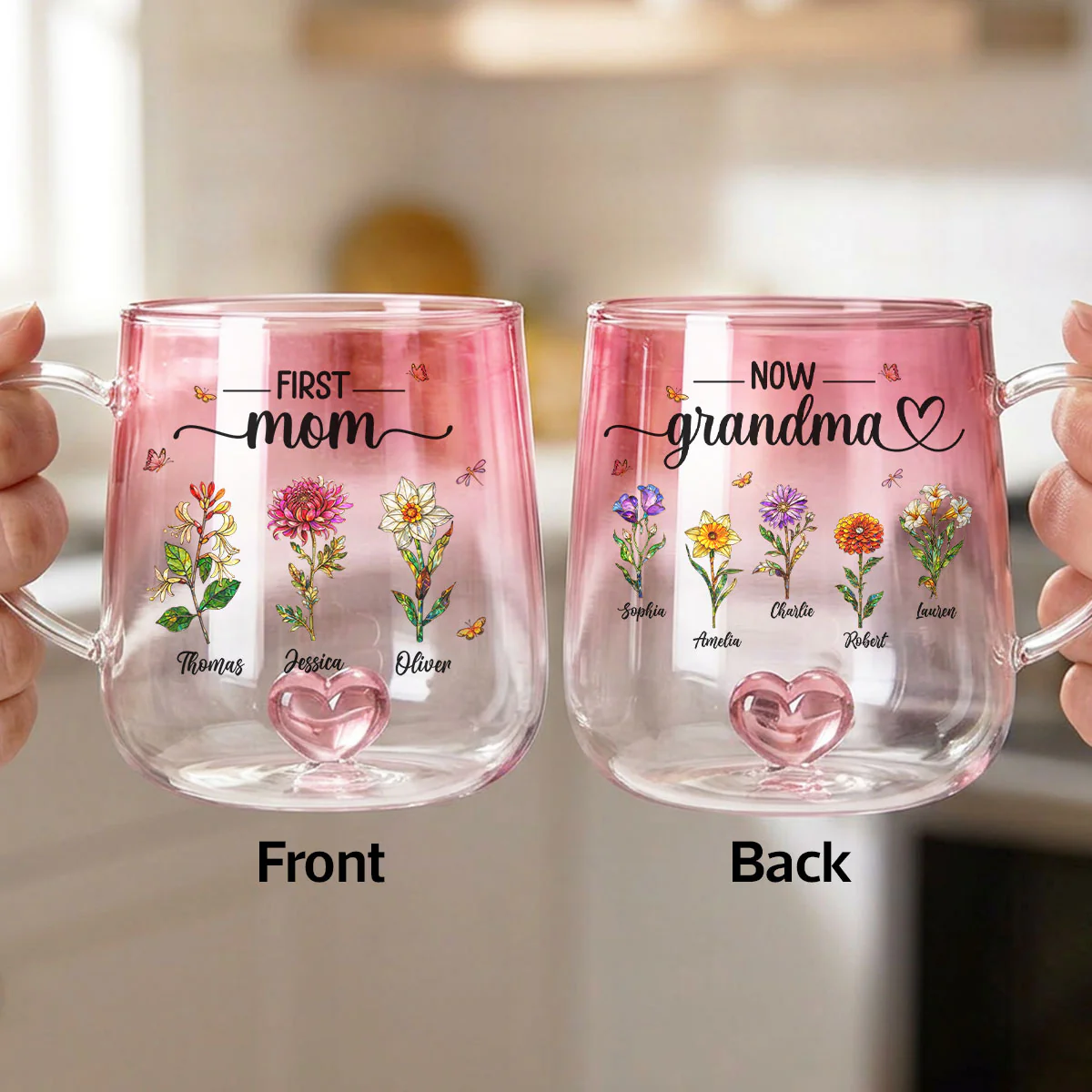 First Mom Now Grandma Custom Birth Flowers - Personalized Glass Mug - Mother's Day Gift for Mom, Grandma - Image 5