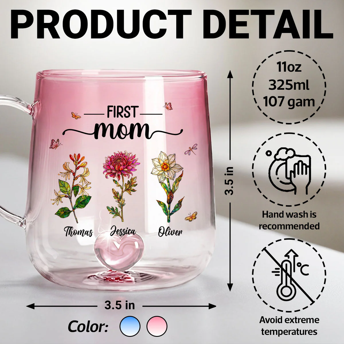 First Mom Now Grandma Custom Birth Flowers - Personalized Glass Mug - Mother's Day Gift for Mom, Grandma - Image 9