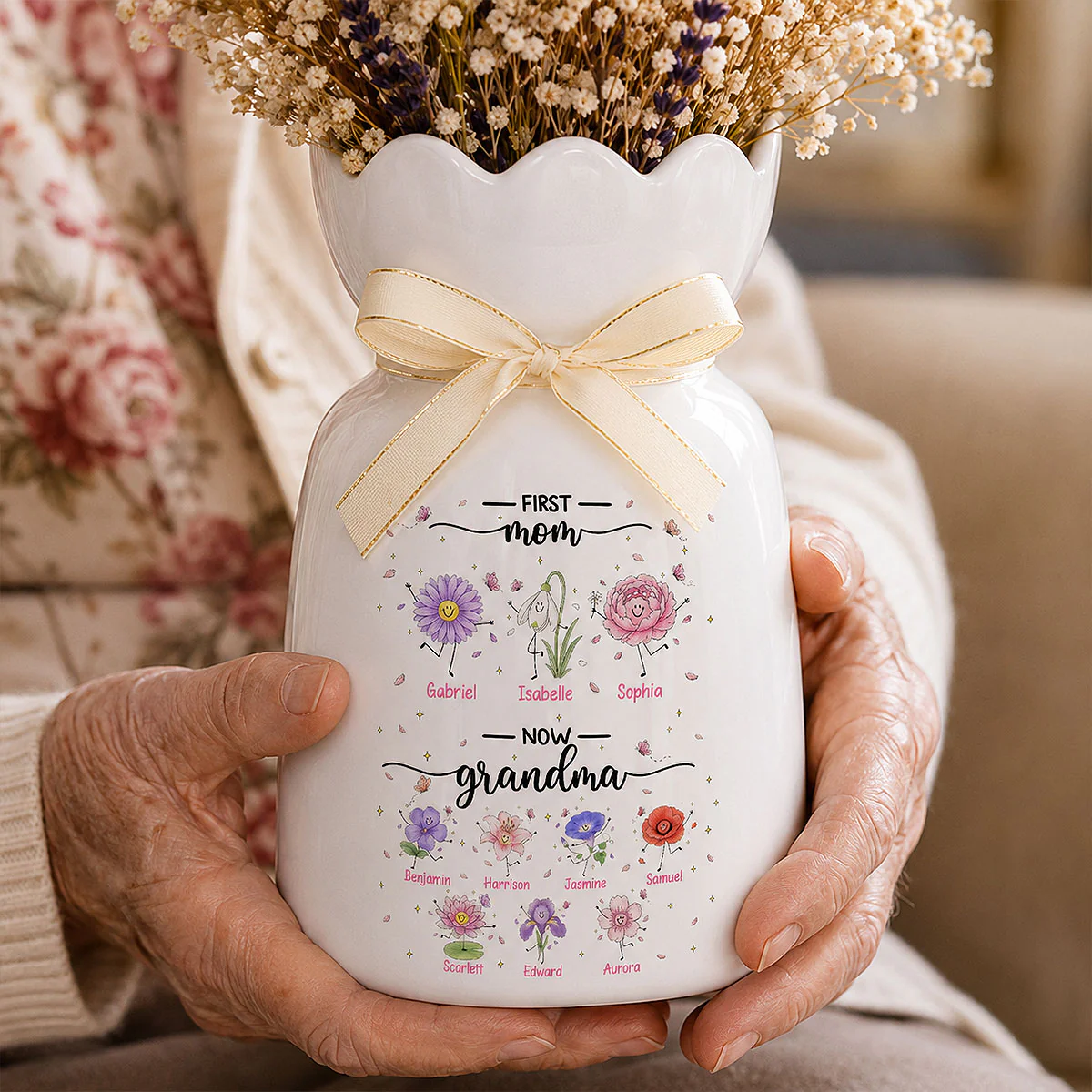 First Mom Now Grandma Doodle Birth Flowers - Personalized Ceramic Flower Vase - Gift For Grandma, Mom - Image 2
