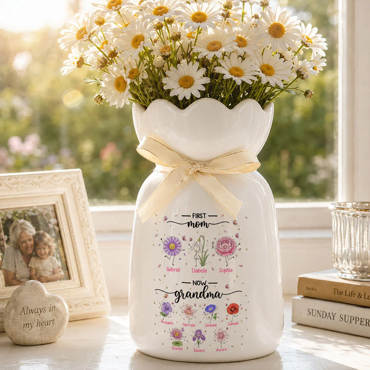 First Mom Now Grandma Doodle Birth Flowers - Personalized Ceramic Flower Vase - Gift For Grandma, Mom - Image 5