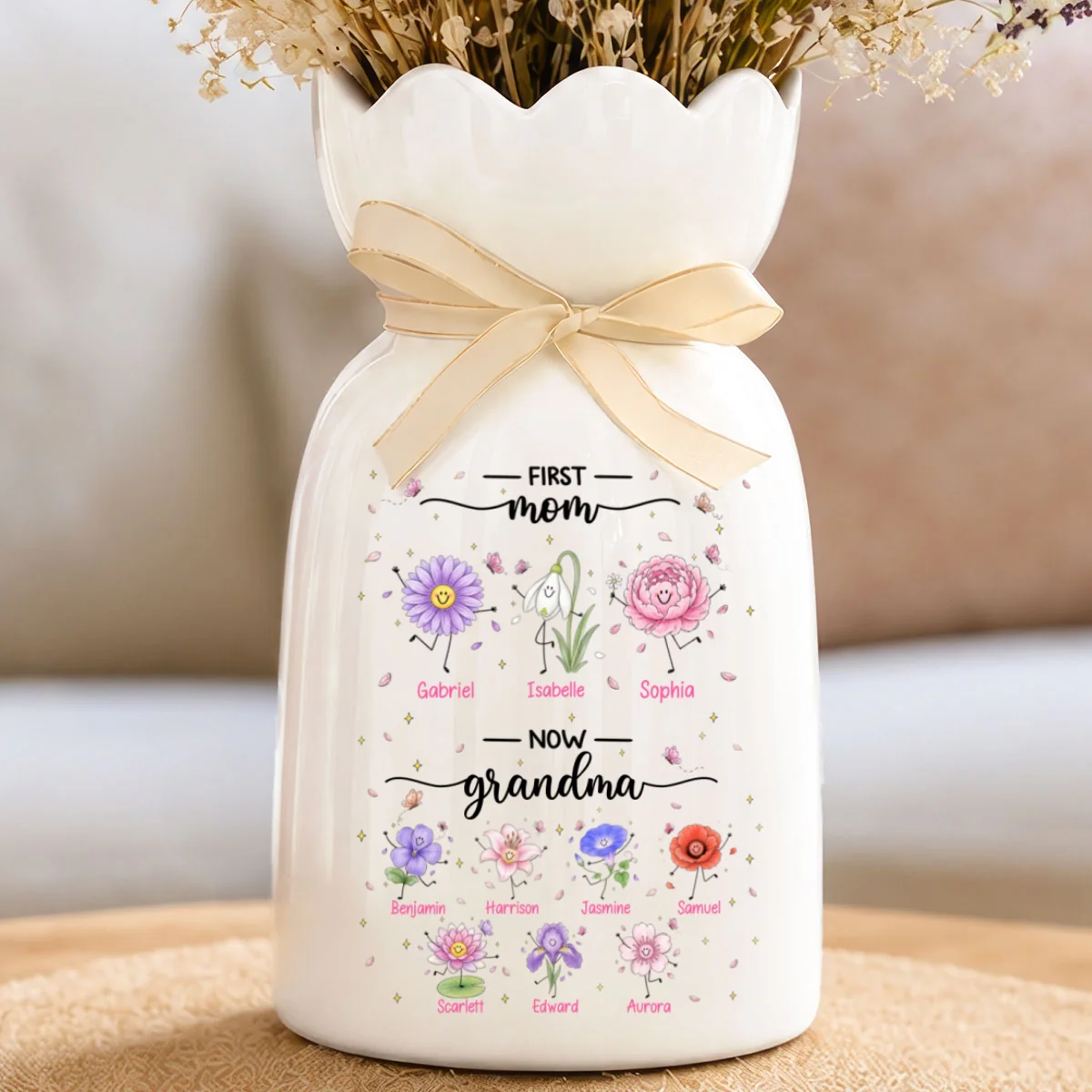 First Mom Now Grandma Doodle Birth Flowers - Personalized Ceramic Flower Vase - Gift For Grandma, Mom - Image 7
