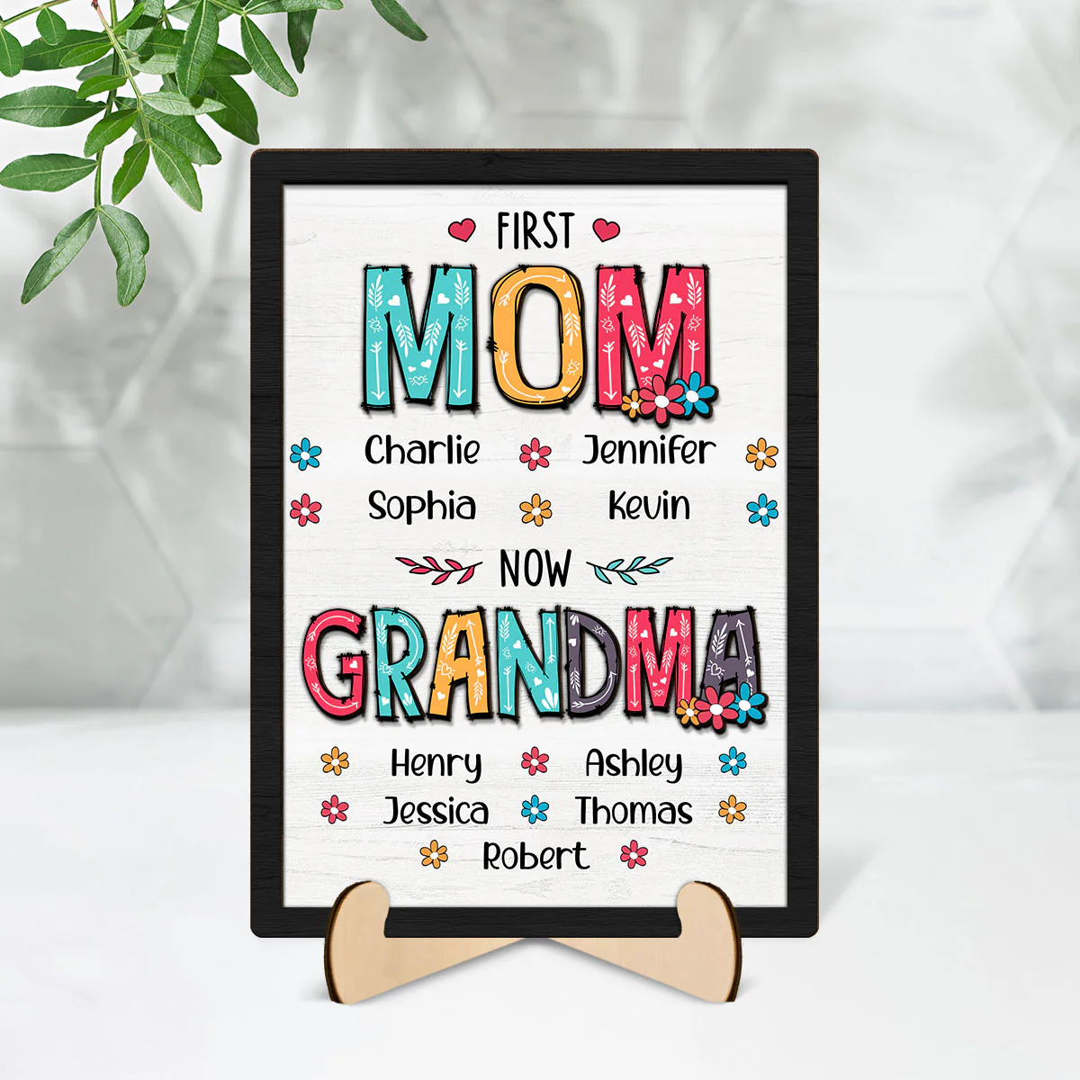 First Mom Now Grandma Floral Personalized 2-Layer Wooden Plaque - Image 2