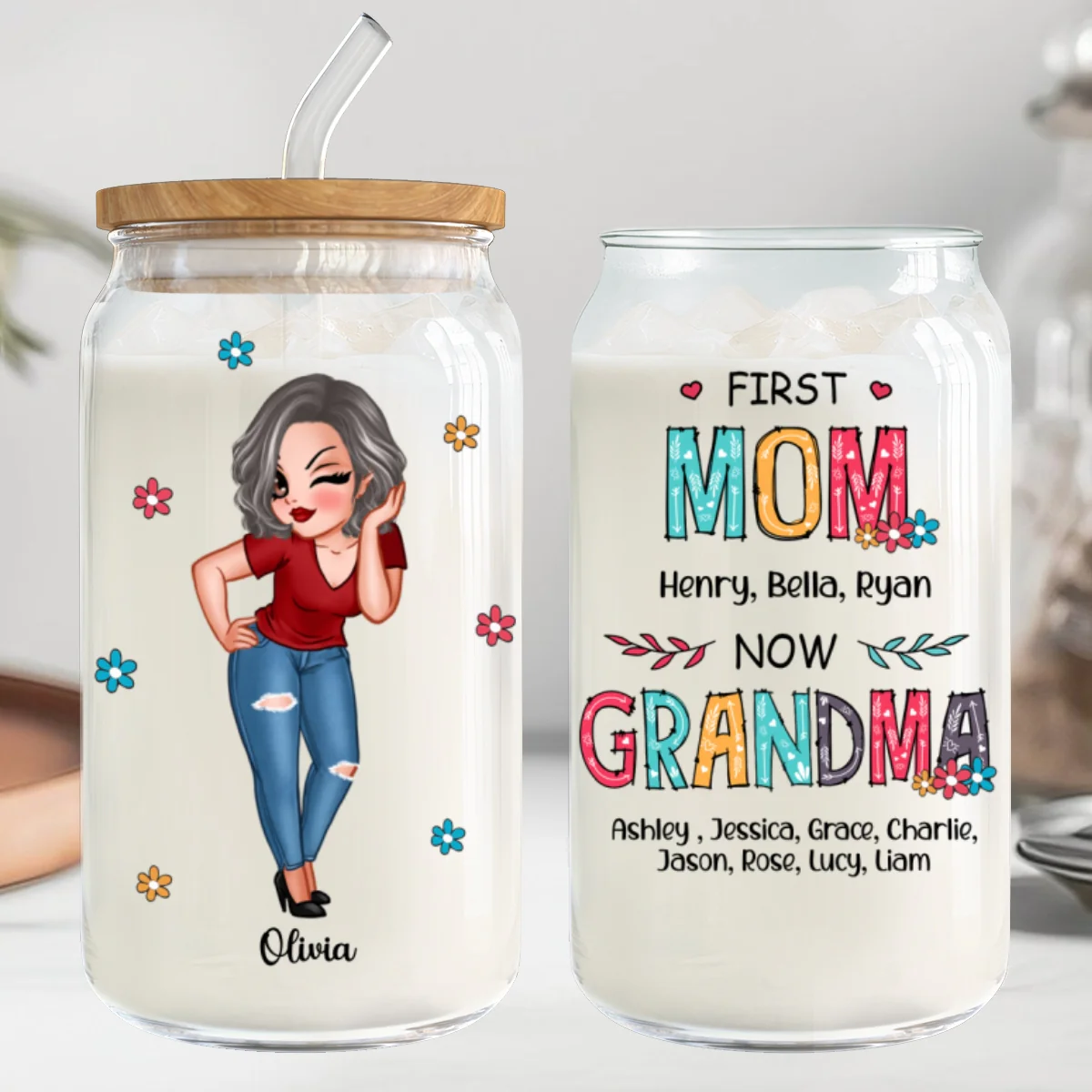 First Mom Now Grandma Personalized Clear Glass Can - Image 11