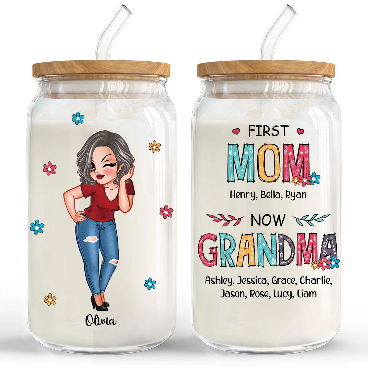 First Mom Now Grandma Personalized Clear Glass Can - Image 4