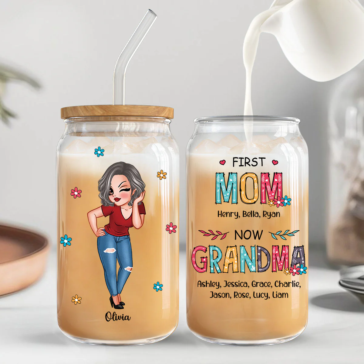 First Mom Now Grandma Personalized Clear Glass Can - Image 7