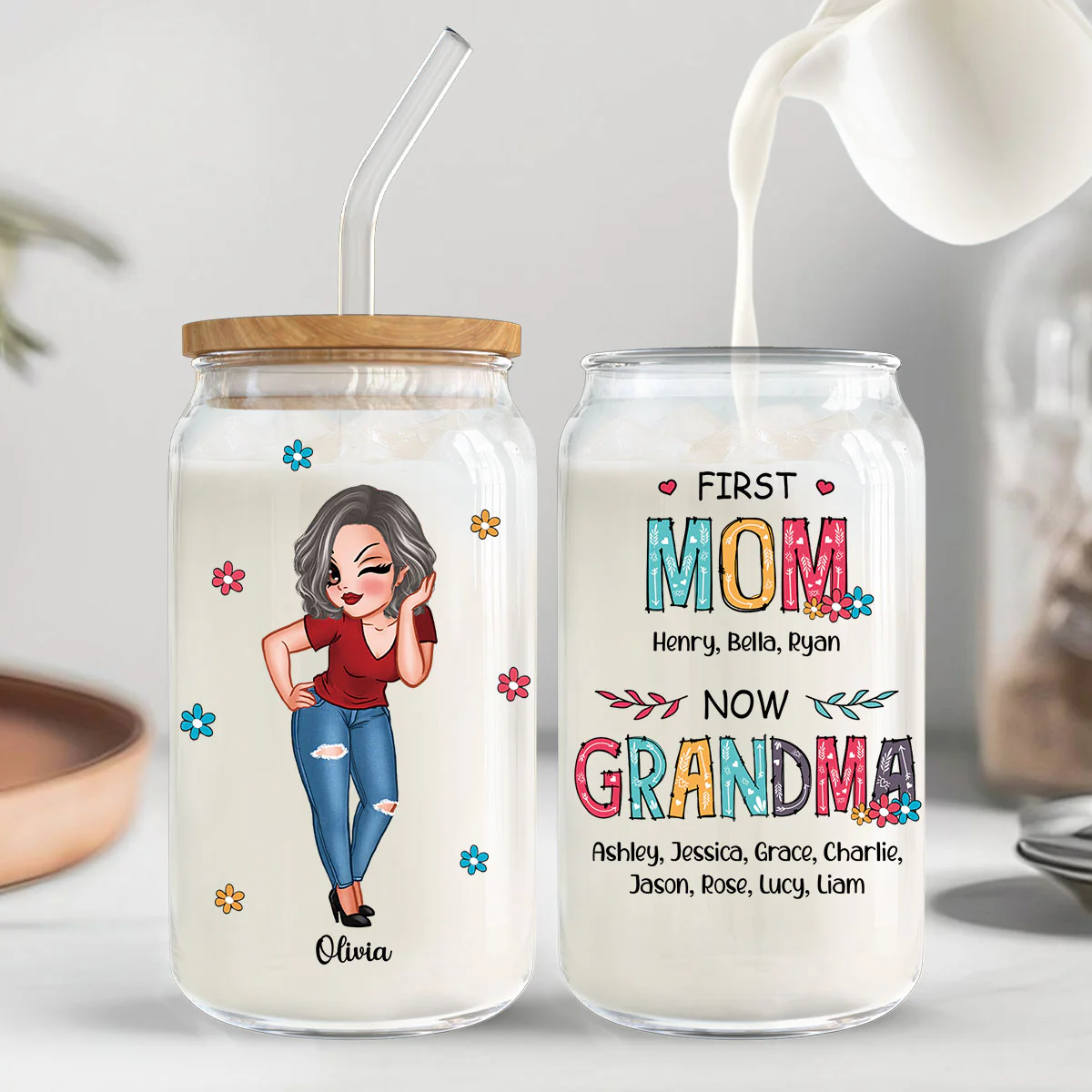 First Mom Now Grandma Personalized Clear Glass Can - Image 8
