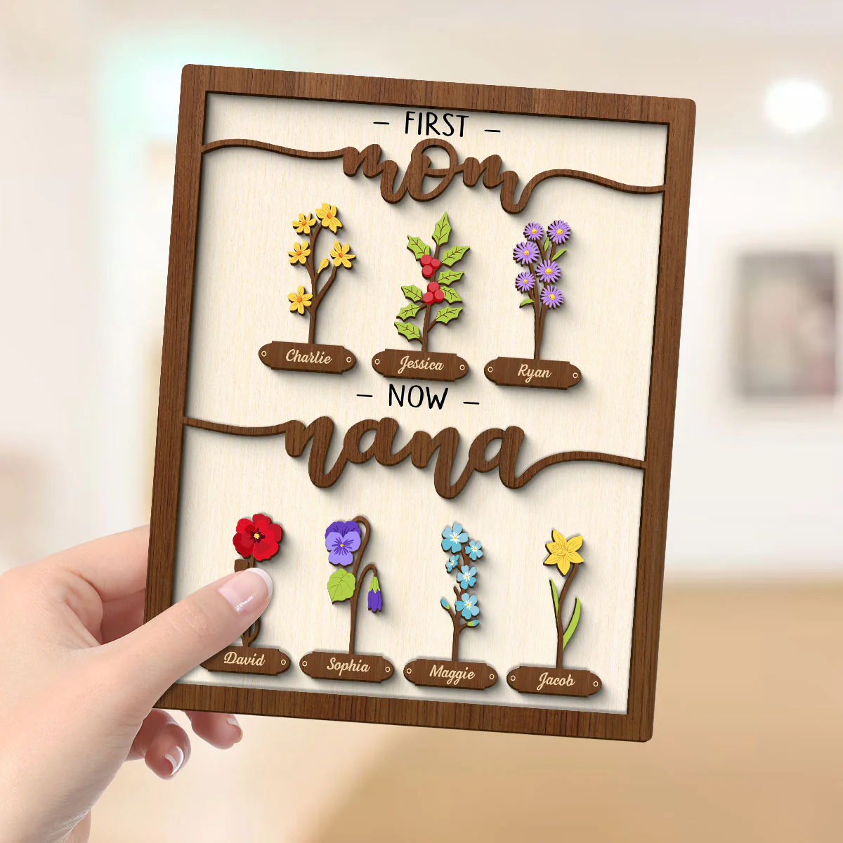 First Mom Now Grandma Simple Birth Month Flowers Personalized 2-layer Wooden Plaque - Image 4