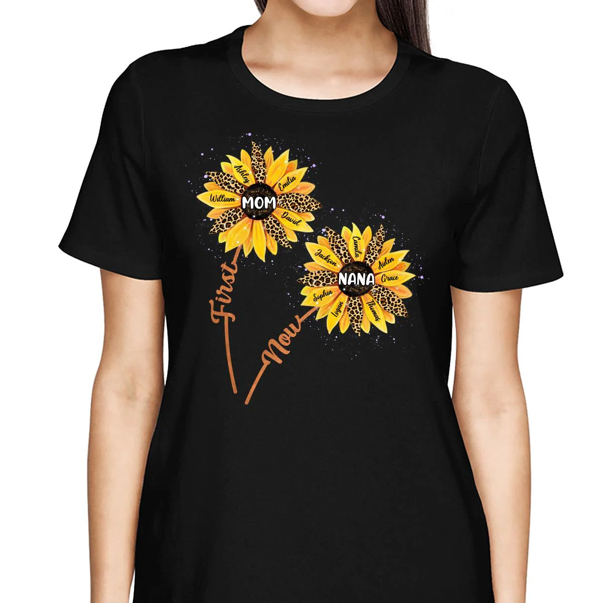 First Mom Now Grandma Sunflower Grandkids Names Personalized Shirt - Image 2